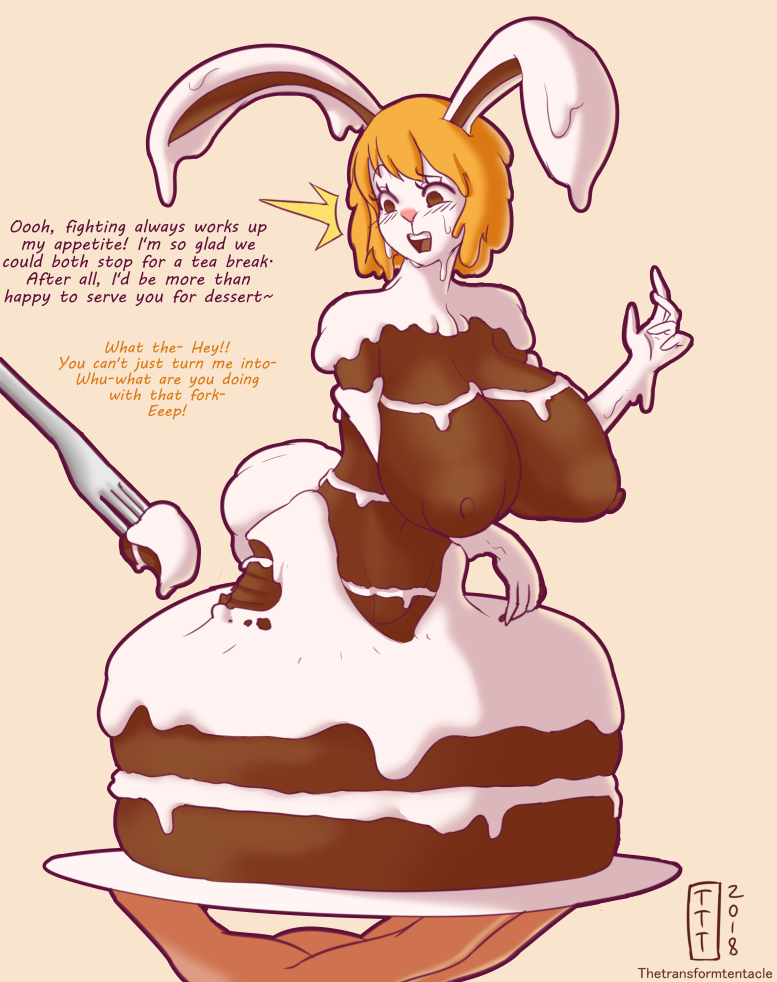 big_breasts blonde_hair breasts cake carrot_(one_piece) cutlery dialogue disembodied_hand duo english_text female female_only food food_creature fork hair huge_breasts implied_transformation kitchen_utensils lagomorph leporid mammal nipples one_piece open_mouth rabbit simple_background size_difference surprise text thetransformtentacle tools unseen_character