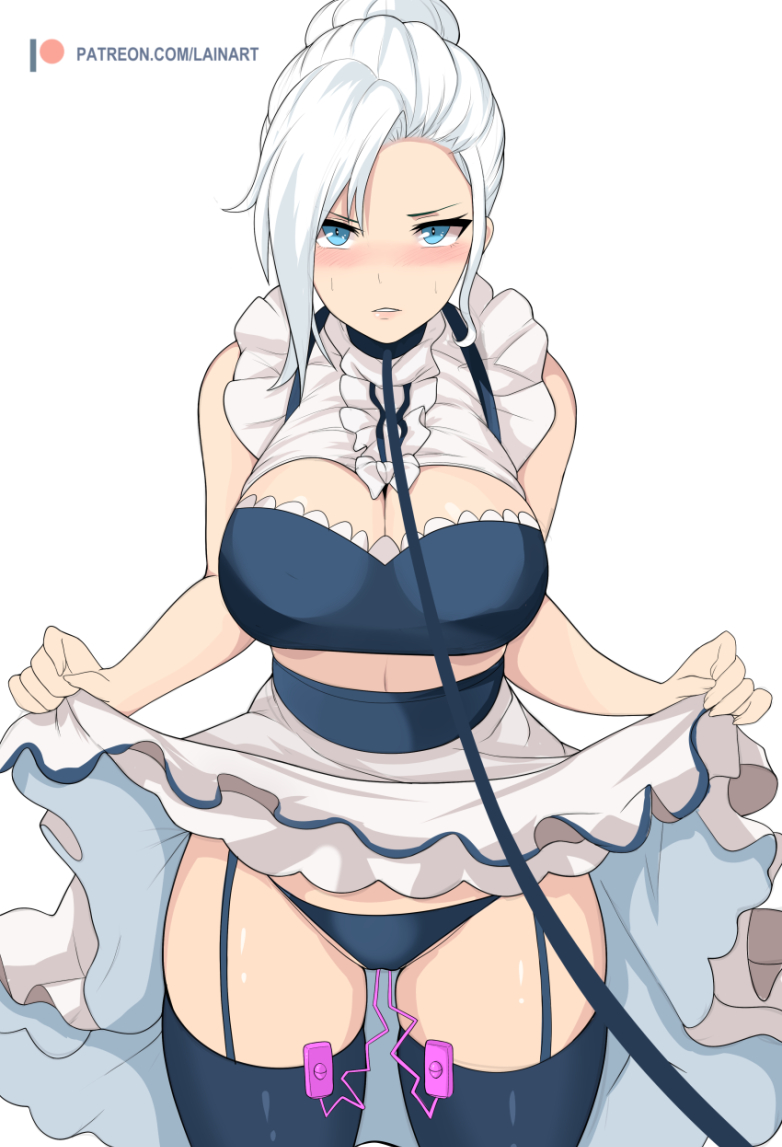 1girls, big breasts, blue eyes, breasts, cleavage, clothed, embarrassed, female, female only, femsub, lainart, large breasts, leash, looking at viewer, maid, maid headdress, ponytail, pov, rwby, sex toy, skirt lift, solo, standing, thighhighs, vibrator, vibrator under panties, white hair, winter schnee