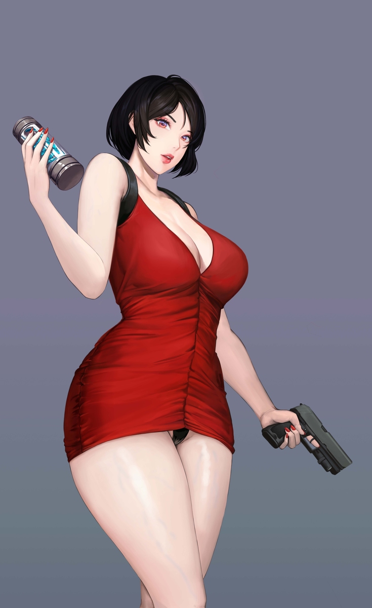 ada wong, ada wong (adriana), big breasts, bob cut, breasts, capcom, female, female only, gun, miaosij, red dress, resident evil, resident evil 2, short hair, solo, solo female, solo focus, thick thighs