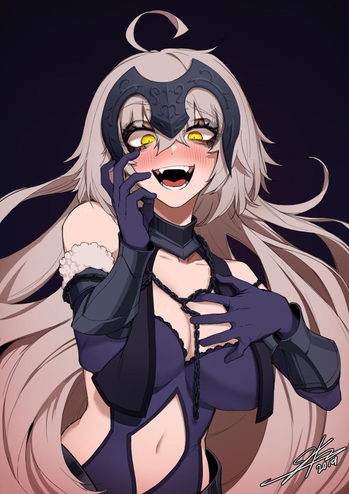 1girls, 2019, blush, breasts, cleavage, crazy eyes, curvy, dated, fangs, fate (series), fate/grand order, female, female only, hair ornament, hand on face, j.k., jeanne alter, large breasts, long hair, looking at viewer, pov, silver hair, solo, source request, standing, text, tight clothing, watermark, yandere, yellow hair