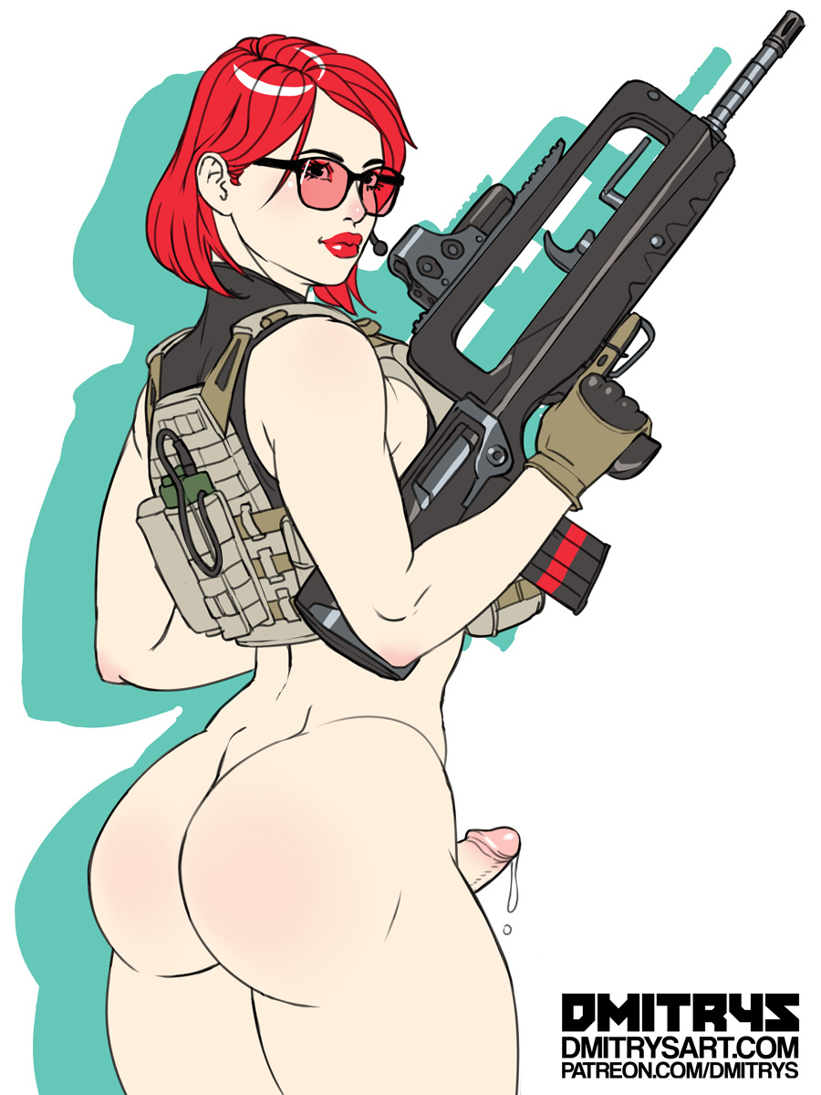 1futa ass assault_rifle bottomless casual dickgirl dmitrys erection eyewear famas firearm futa_only futanari glasses gloves gun human intersex joelle_(jjfrenchie) pale_skin penis precum red_hair rifle short_hair solo solo_futa standing vest weapon