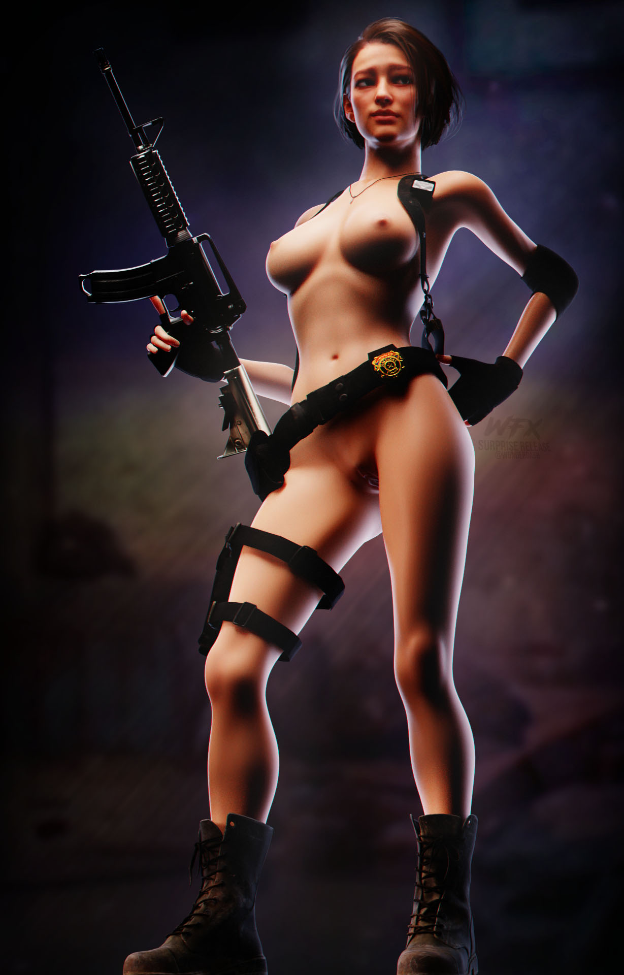 1girls 3d areolae assault_rifle belt boots breasts brown_hair casual casual_exposure casual_nudity clothing combat_boots confident curvy elbow_pads erect_nipples female female_only fingerless_gloves firearm footwear gloves gun handcuffs hands_on_hips handwear harness holster jill_valentine jill_valentine_(sasha_zotova) large_breasts m1a1 mostly_nude necklace nipples nude police_badge realistic resident_evil resident_evil_3 resident_evil_3_remake rifle short_hair standing tactical_nudity thigh_strap weapon wunder