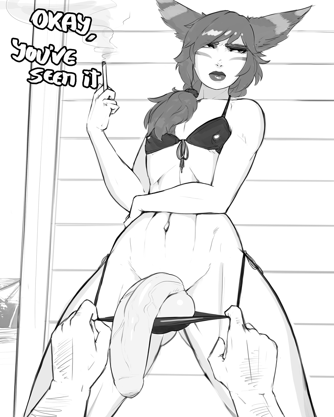 1futa, animal ears, annoyed, balls, balls in panties, big penis, bikini, black and white, bra, breasts, cigarette, english text, flaccid, flat chest, flat chested, foreskin, futanari, intersex, league of legends, magnetus, male, monochrome, navel, panties, panties down, penis, pov, presenting penis, riot games, small breasts, smoking, source request, submissive pov, taker pov, talking to viewer, uncircumcised, uncut, undressing, vastaya, veiny penis, xayah