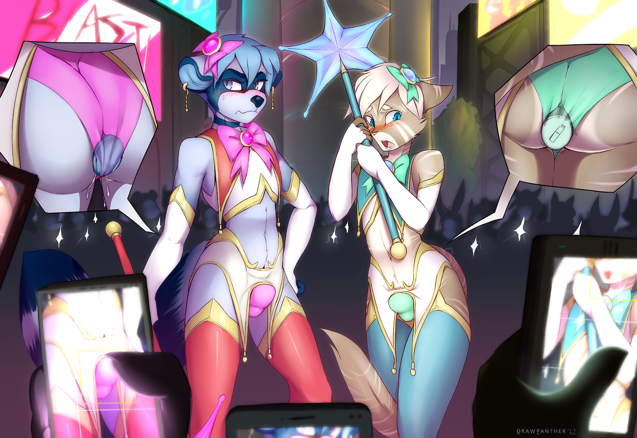 2boys, anal plug, blue hair, blush, bow, bulge, buttplug, cellphone, cosplay, crossdressing, drawpanther, dripping, embarrassed, female, femboy, girly, gloves, magical girl, male, midriff, picture, public, ribbon, stockings, vibrator, white hair