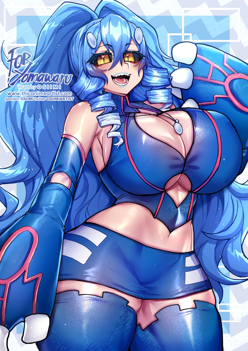 1girls abs anthro anthrofied armpits belly black_sclera blue_hair blue_lipstick blush boob_window drill_hair elbow_gloves eye_contact gijinka gold_eyes half-closed_eyes huge_breasts humanized kyogre kyogre_(cosplay) long_hair looking_at_viewer midriff miniskirt navel necklace nintendo open_mouth orange_eyes osiimi pokemon pokemon_rse sharp_teeth shirt skirt smile source_request teeth text thick_thighs thighhighs underboob url watermark wide_hips