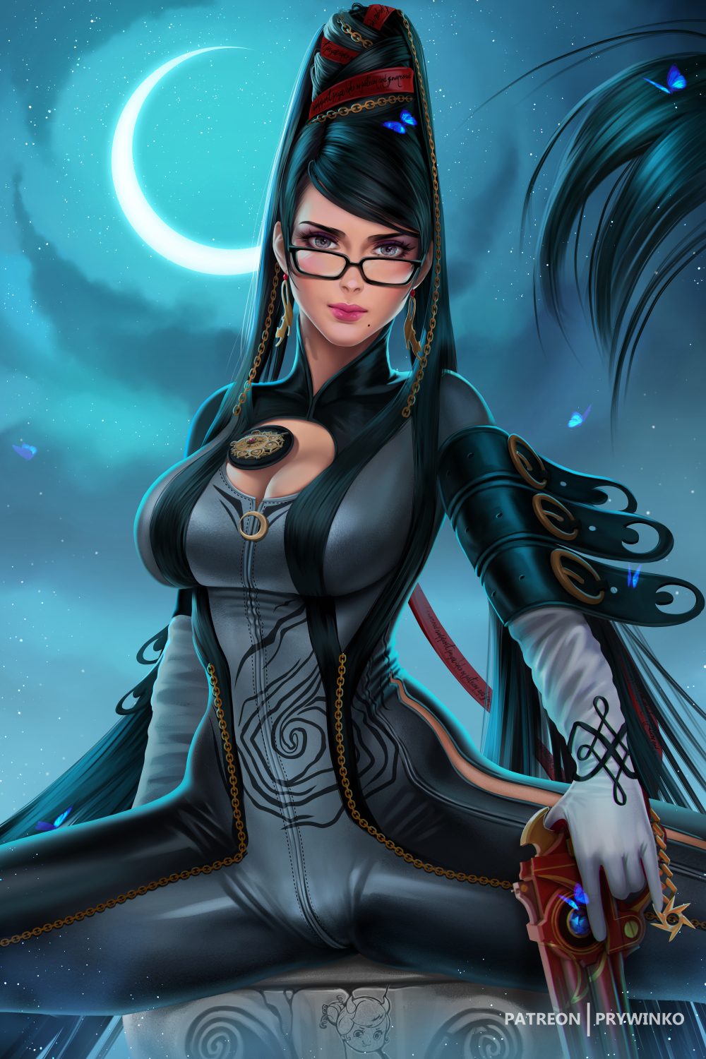 1girls, bayonetta, bayonetta (character), big breasts, black hair, bodysuit, breasts, cleavage, female, female only, fully clothed, glasses, long hair, mature female, mole under mouth, prywinko, solo, solo female, solo focus, witch