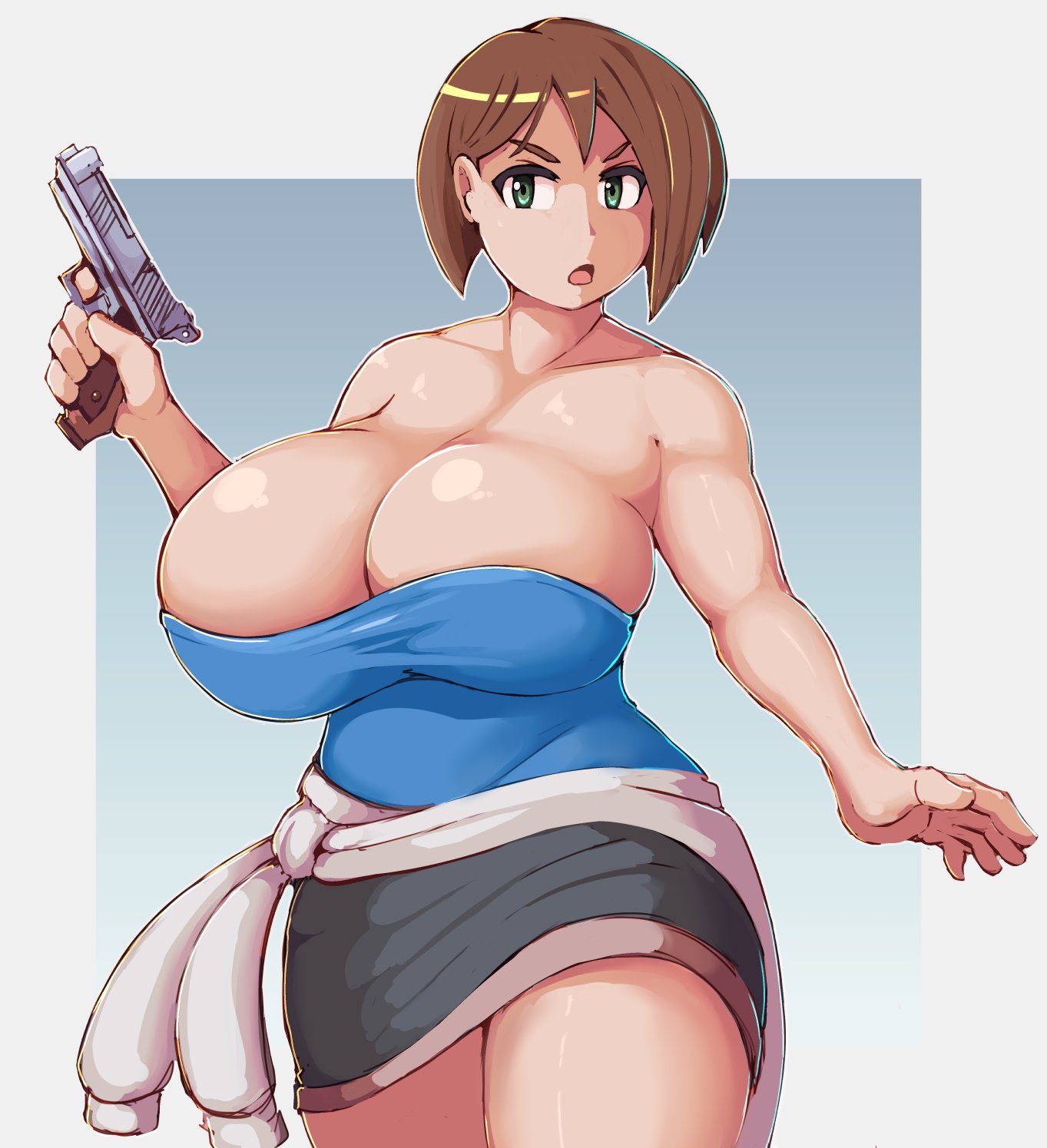 1girls, breasts, brown hair, cleavage, female, female only, huge breasts, jill valentine, jill valentine (julia voth), kittenboogers, resident evil, resident evil 3, solo, tubetop