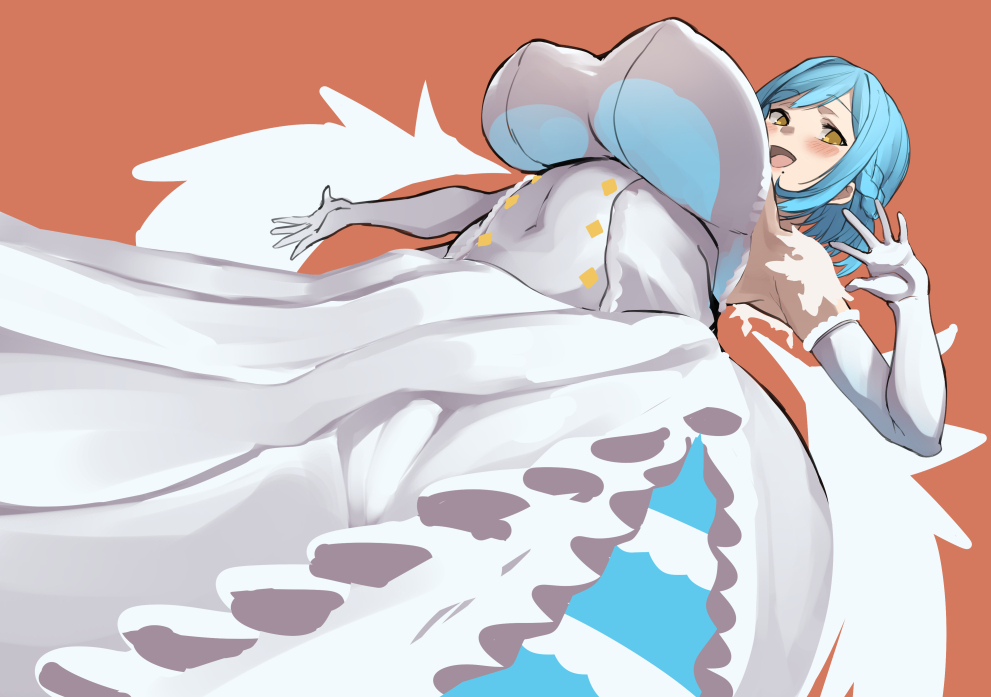 blue hair, blush, braided hair, breasts, cameltoe, female, huge breasts, looking down, moira (nijisanji), nijisanji, nipple bulge, nuezou, pussy, short hair, underboob, virtual youtuber, wedding dress, yellow eyes