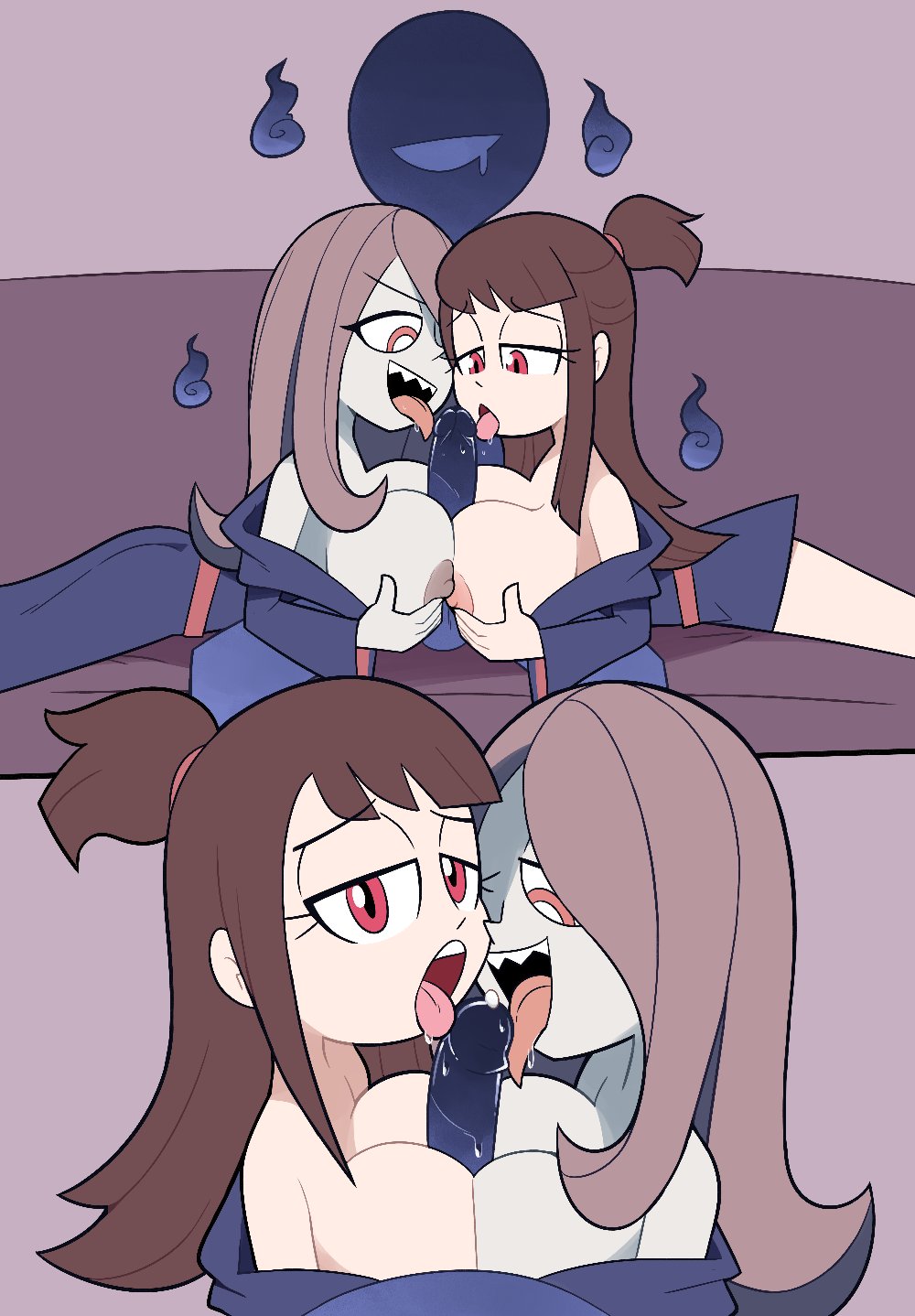 1boy, 2girls, alternate breast size, atsuko kagari, big breasts, breast grab, breasts, brown hair, double paizuri, fellatio, female, licking, little witch academia, long hair, looking at viewer, male, miscon, multiple females, multiple girls, nipples, outercourse, paizufella, paizuri, penis, pimp, purple hair, red eyes, sucy manbavaran, tagme, teamwork
