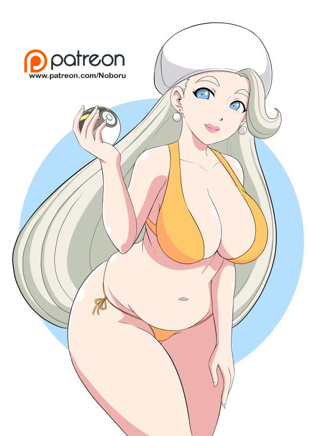 1girls, alternate breast size, alternate outfit, ass, belly, big breasts, bikini, blue background, blue eyes, breasts, cleavage, earrings, eye contact, female, female only, hat, holding, huge ass, huge breasts, human, long hair, looking at viewer, mature female, melony (pokemon), midriff, milf, mother, navel, nintendo, noboru revista, patreon, poke ball, pokemon, pokemon ss, pose, smile, solo, source request, text, thick thighs, ultra ball, url, watermark, white border, white hair, wide hips