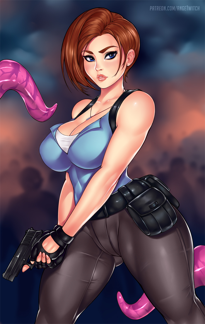 1girls, alternate breast size, ange1witch, big breasts, blue eyes, breasts, brown hair, cleavage, female, female only, fingerless gloves, gun, hourglass figure, jill valentine, jill valentine (sasha zotova), mature female, nipples, nipples visible through clothing, resident evil, resident evil 3, resident evil 3 remake, short hair, solo, solo female, solo focus, tentacles, thick thighs