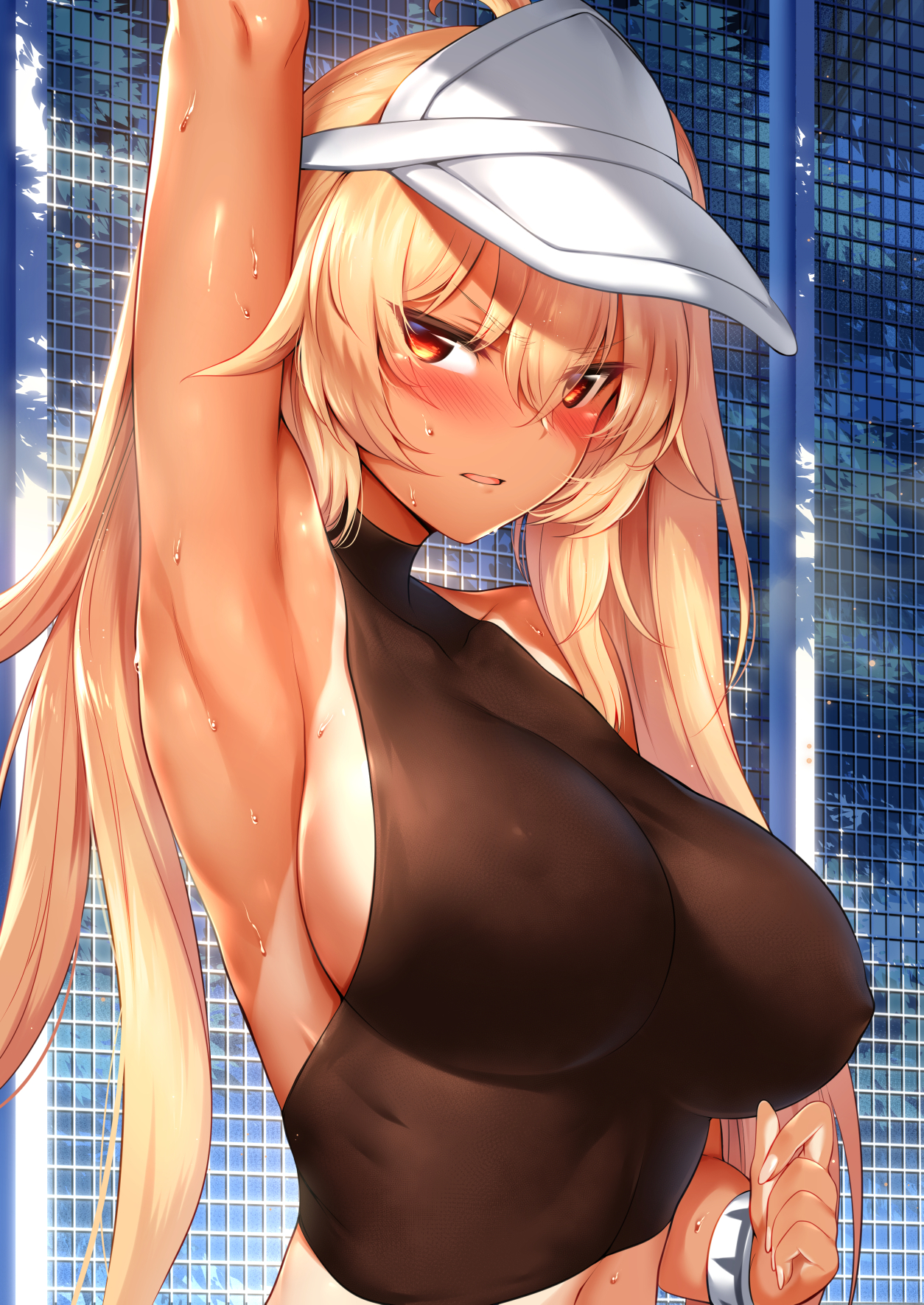 1girls, ahoge, arm up, armpit fetish, armpit sex, armpits, between legs, black rock shooter, blonde hair, breasts, chain-link fence, chariot (black rock shooter), crop top, denim, denim shorts, erect nipples, erect nipples under clothes, eyebrows visible through hair, female, fence, fingering, hair between eyes, highers, impossible clothes, impossible shirt, large breasts, long hair, looking at viewer, m-da s-tarou, midriff, navel, nipples, one-piece tan, open mouth, orange eyes, outdoors, shirt, shoes, sideboob, solo, solo focus, straight, sweat, tan, tanline, twintails, very long hair, visor cap, wavy mouth