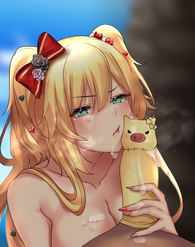 1boy, 1girls, akai haato, angry, beach, blonde hair, cum, fan mascot (vtuber), female, haaton (akai haato), hololive, hololive gen 1, hololive japan, male, nyctea, ribbon, turquoise eyes, virtual youtuber