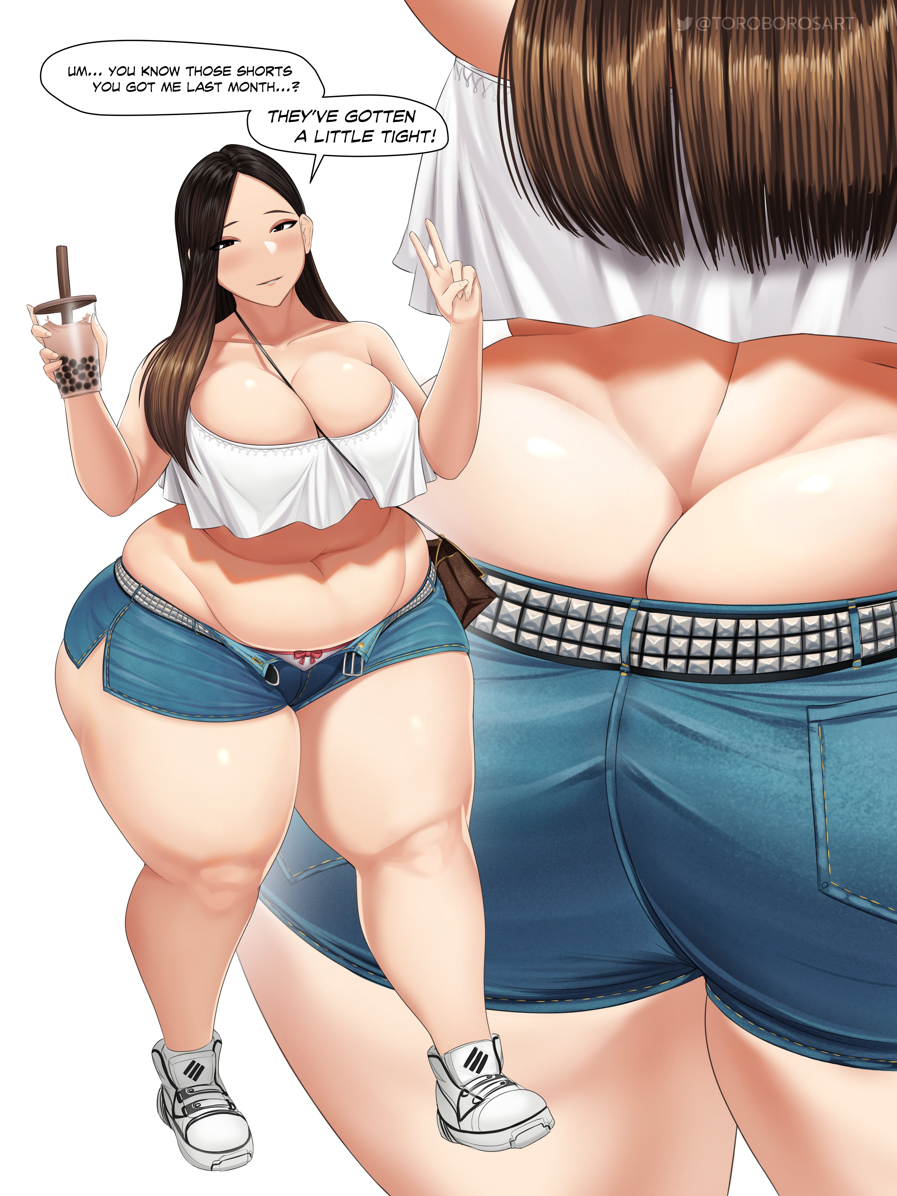1girls, ass, ass cleavage, ass crack, bbw, big ass, breasts, butt crack, chubby, cleavage, female, female only, huge breasts, overweight, overweight female, shoes, sneakers, speech bubble, text, toro (toroboro), toroboro