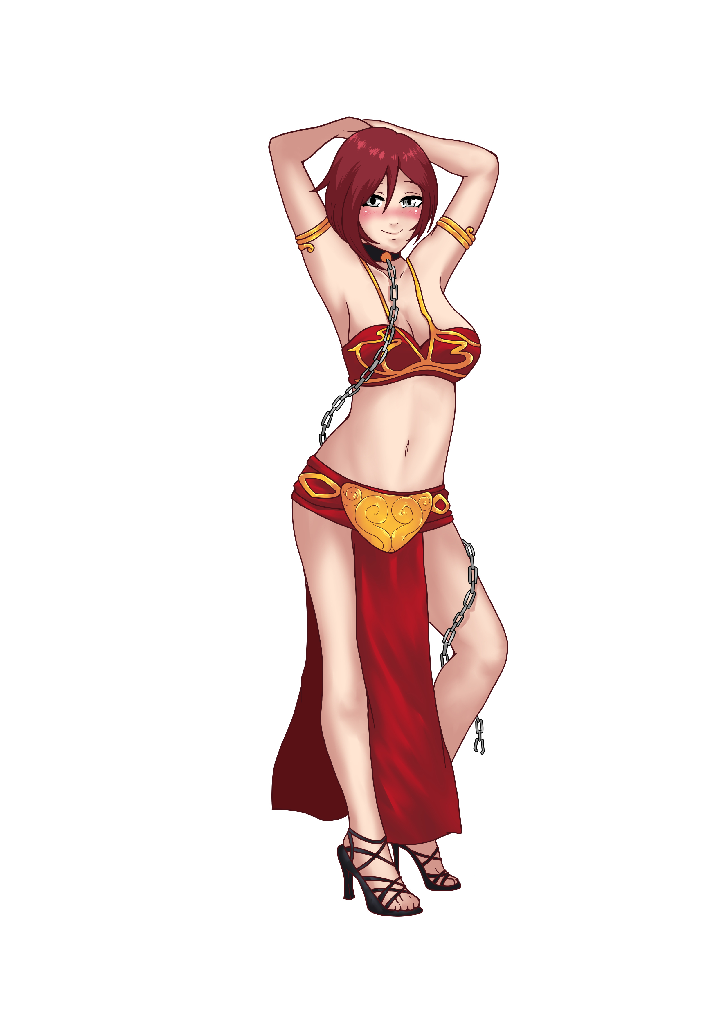 1girls, belly dancer, belly dancer outfit, breasts, chain leash, chains, cosplay, female, female only, harem girl, harem outfit, high heels, human, leash, leash and collar, medium breasts, red hair, ruby rose, rwby, sandals, shackles, slave bikini, slave leia (cosplay), solo, source request, star wars, tigandra, white background