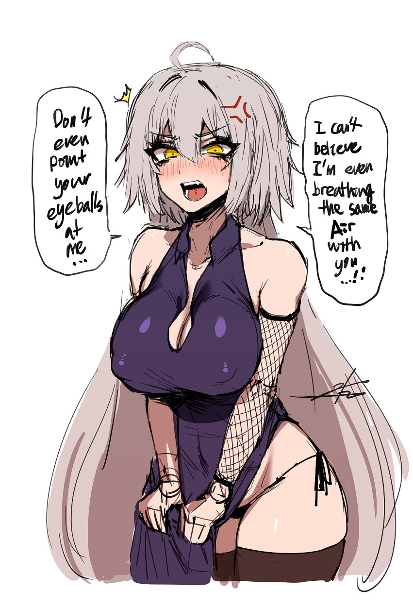 1girls, angry, blush, breasts, cleavage, curvy, dress, english text, fate (series), fate/grand order, female, female only, fishnets, j.k., jeanne alter, large breasts, long hair, looking at viewer, nipple bulge, open mouth, side-tie panties, silver hair, sketch, source request, standing, text, thick thighs, thighhighs, tight clothing, wide hips, yellow eyes