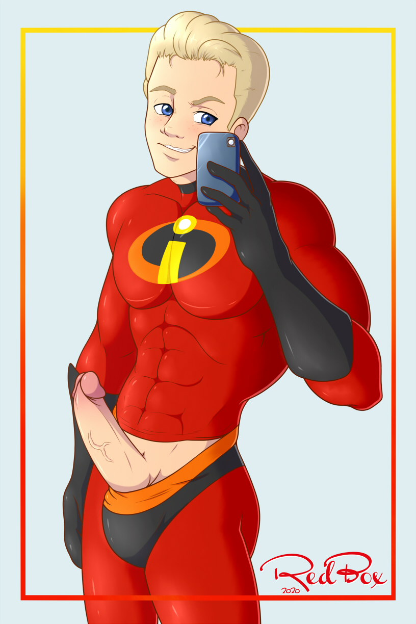 1boy, 2020, abs, aged up, artist name, big penis, blonde hair, blue eyes, color, costume, dash parr, disney, erection, exhibitionism, exposed penis, gay, hair, male, male only, penis, pinup, pixar, red-box, selfie, smartphone, smooth skin, solo, the incredibles, uncensored, uniform, watermark, yaoi
