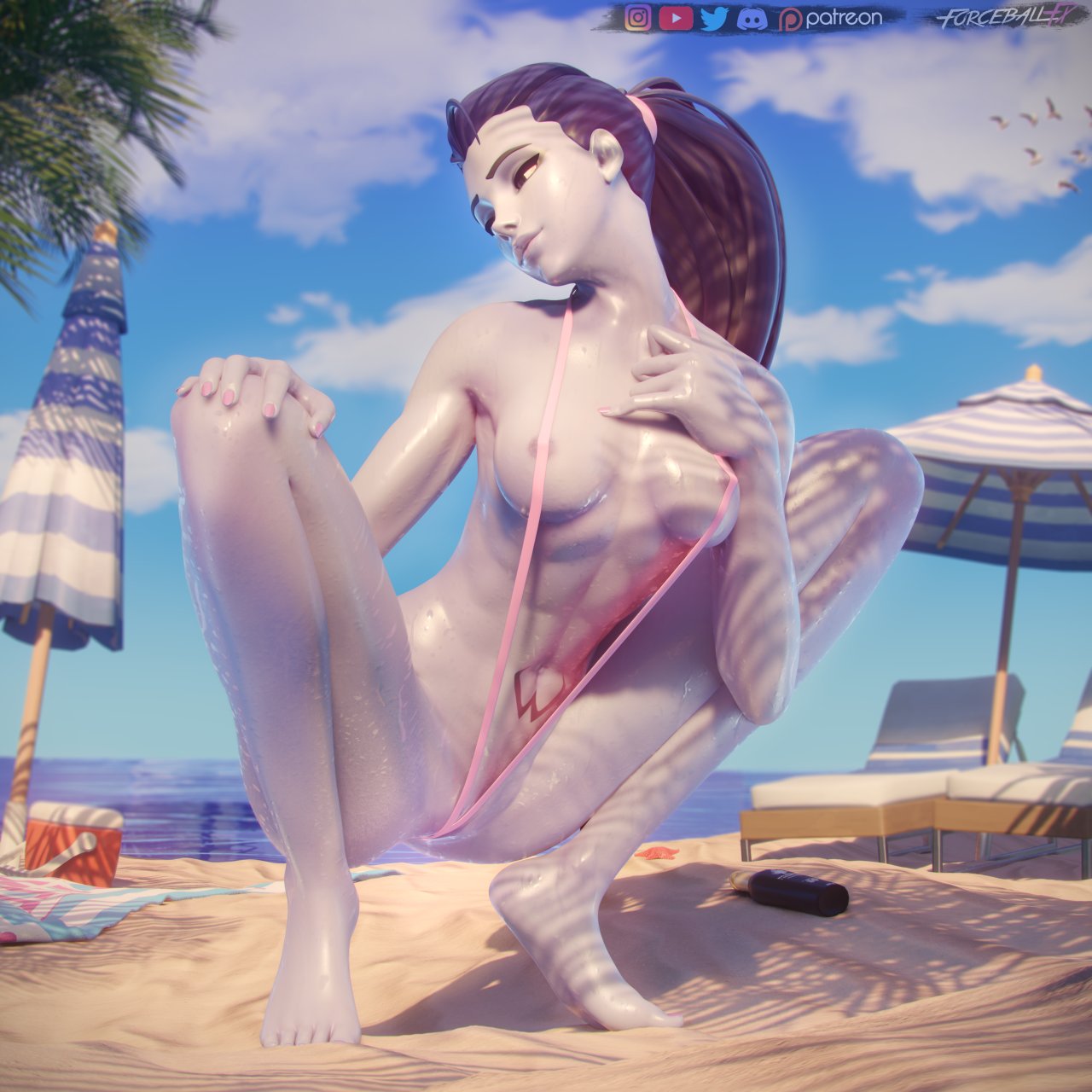 1girls, 3d, abs, areolae, athletic, athletic female, blender, breasts, female, female only, forceballfx, nipples, overwatch, sling bikini, spread legs, string bikini, widowmaker