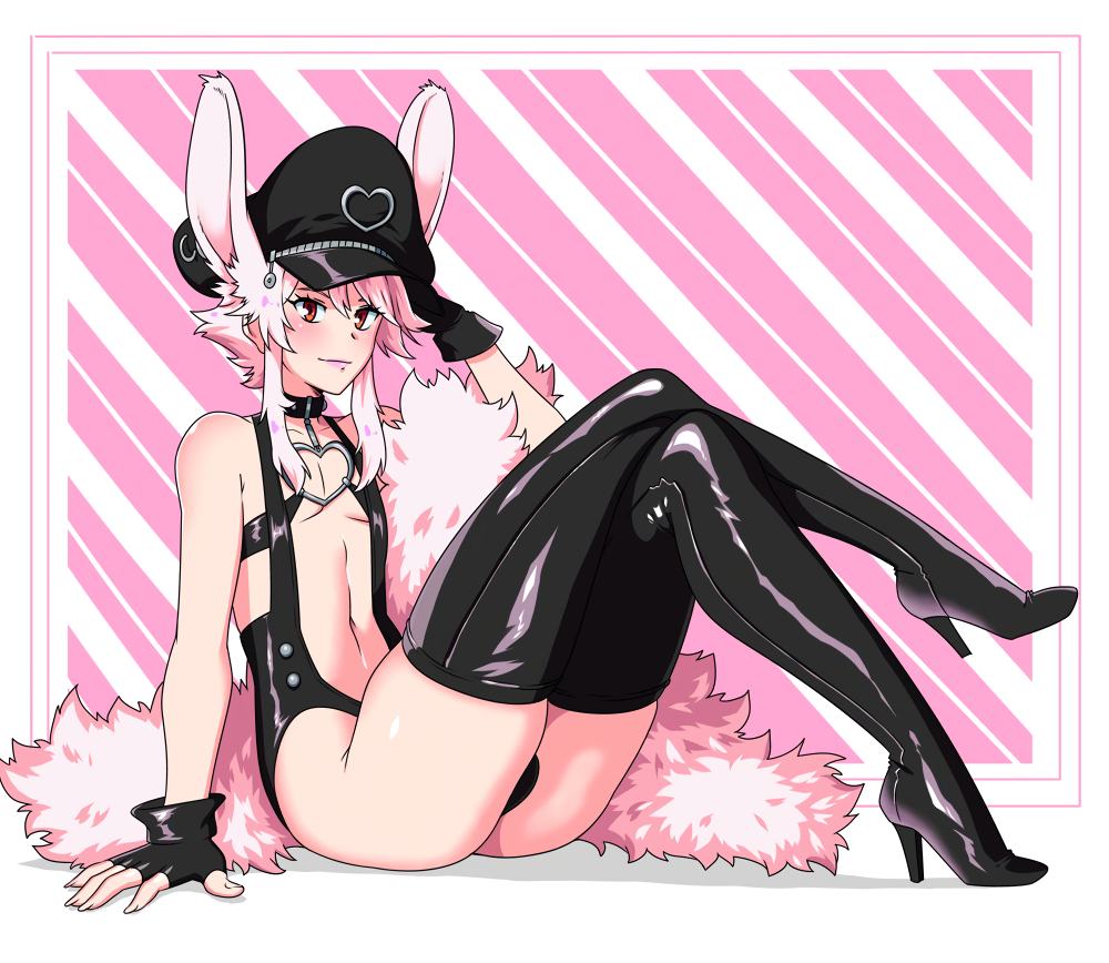 animal ears, boots, bunny ears, choker, femboy, fingerless gloves, gloves, hat, high heels, kitsune23star, leather, leather boots, legs, light skin, light-skinned male, lipstick, looking at viewer, male, pale skin, pale-skinned femboy, pale-skinned male, pink hair, red eyes, solo, trap