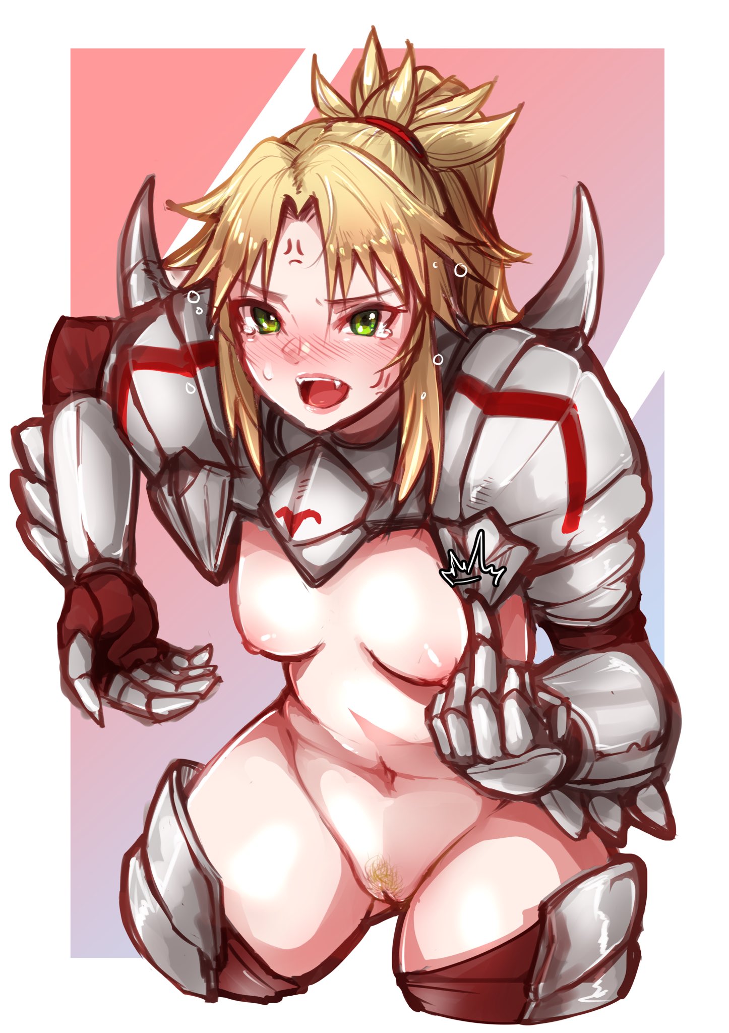 1girls, angry, areolae, armor, blonde hair, blush, breasts, embarrassed, fate (series), female, female only, functionally nude, looking at viewer, middle finger, mordred (fate), nipples, open mouth, partially clothed, ponytail, pussy, solo, standing, tinnies