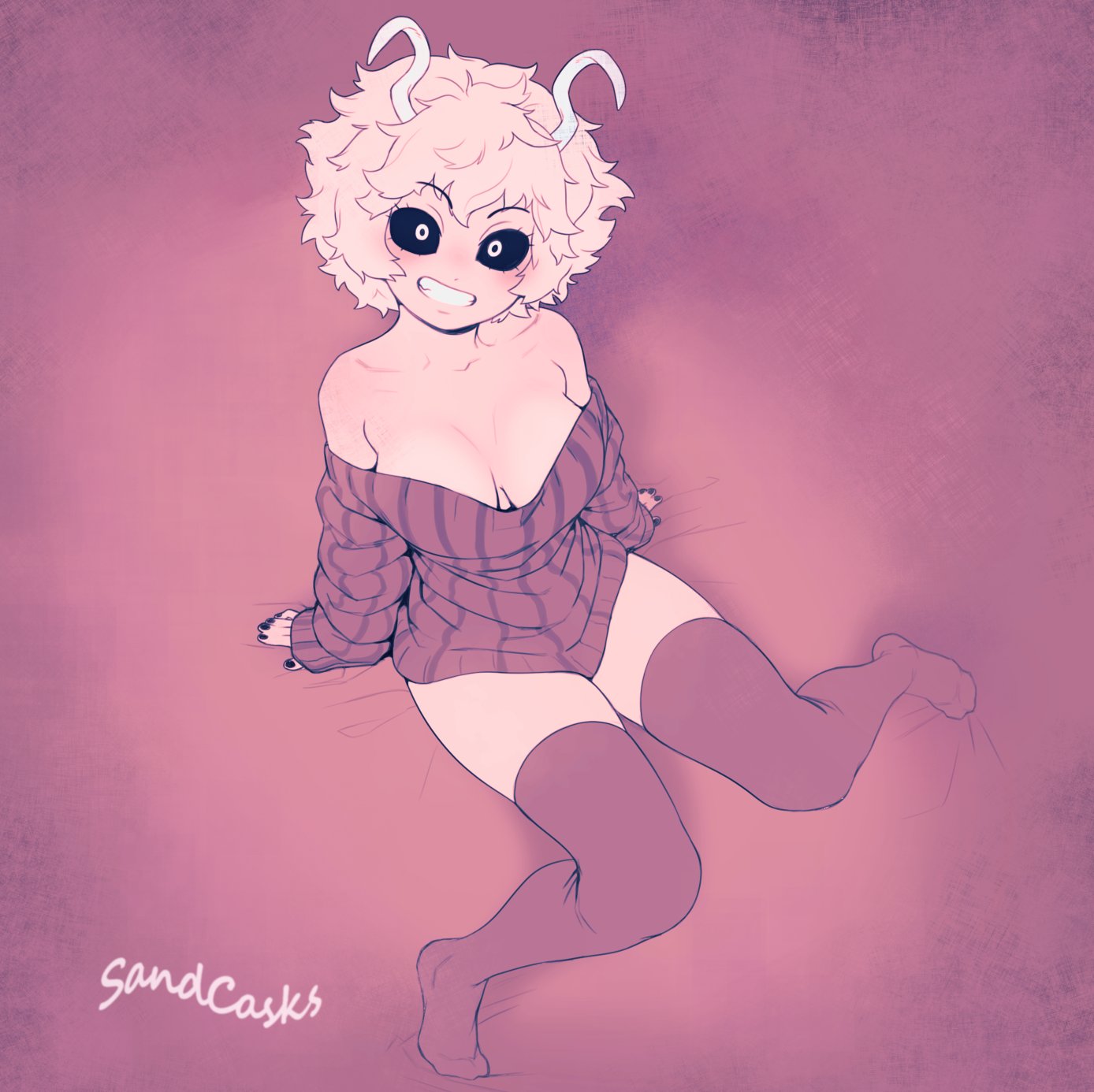 1girls, black sclera, breasts, cleavage, female, female only, horns, looking at viewer, mina ashido, my hero academia, pink hair, pink skin, sandcavern, smile, solo, sweater, thighhighs