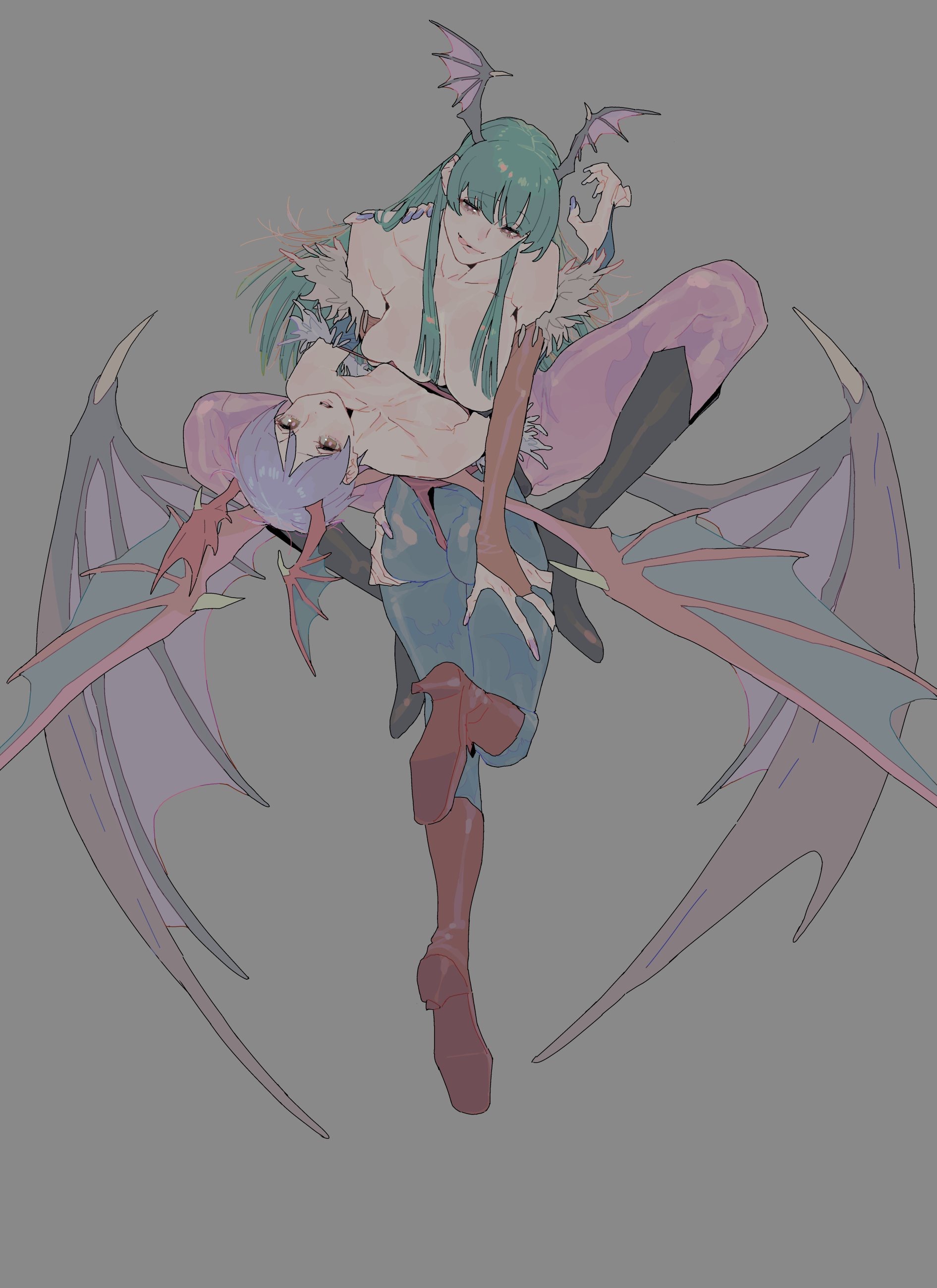 2girls, ass, ass grab, blue hair, breast size difference, breasts, clothing, darkstalkers, demon, demon girl, female, flat chest, green hair, head wings, imamura ryou, incest, large breasts, lilith aensland, morrigan aensland, multiple females, multiple girls, sisters, succubi, succubus, succubus wings, wings, yuri