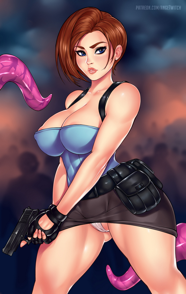 1girls, alternate breast size, ange1witch, big breasts, blue eyes, breasts, brown hair, exposed pussy, female, female only, jill valentine, jill valentine (julia voth), mature female, nipples, nipples visible through clothing, panties, pussy, resident evil, resident evil 3, short hair, skirt, small panties, solo, solo female, solo focus, thick thighs, tubetop, wide hips