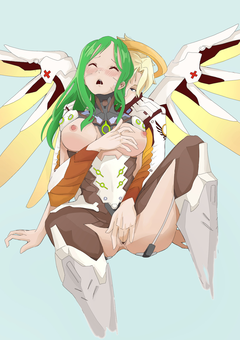 2girls angela_ziegler armor blush boobs breasts closed_eyes cyborg fingering from_behind game gency genderbend genderswap genderswap_(ftm) genderswap_(mtf) genji genji_(female) genji_shimada green_hair mercy multiple_girls myolewds nipples open_mouth overwatch overwatch_2 rule_63 scar wings young_genji yuri