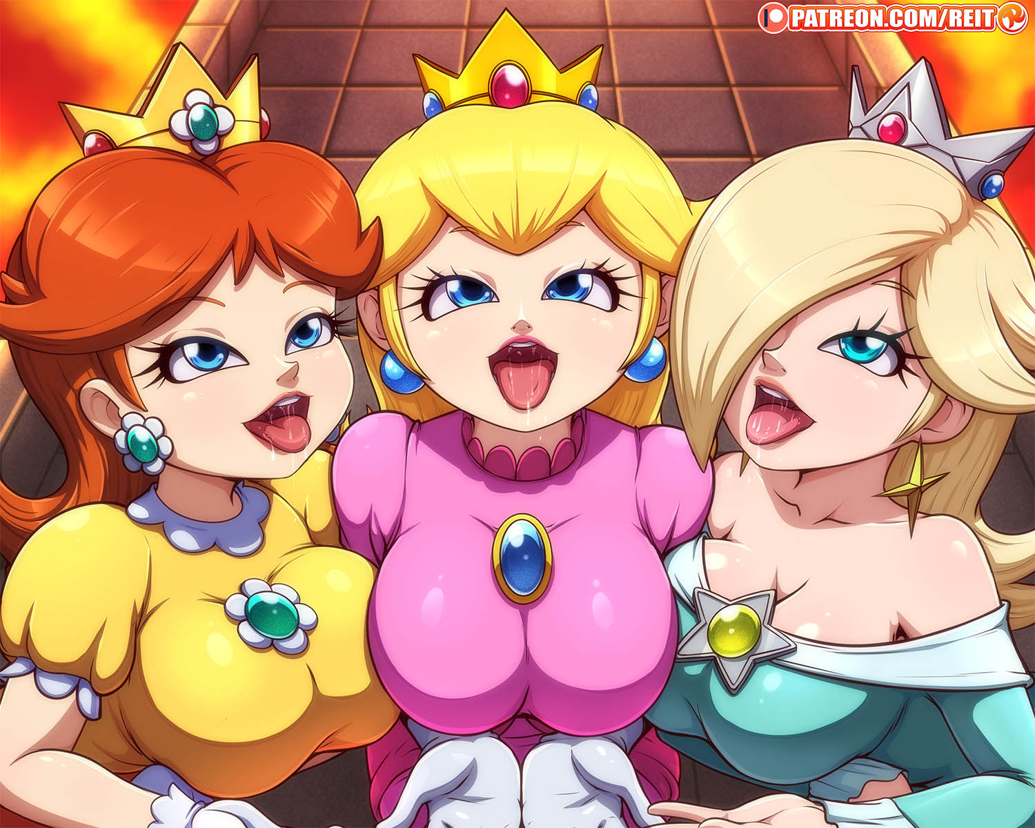 3girls, ahe gao, ahegao, alternate breast size, background, big breasts, blonde hair, breasts, brown hair, clothed, female, female only, fully clothed, huge breasts, large breasts, long hair, looking up, mario (series), nintendo, open mouth, patreon, presenting, presenting mouth, princess daisy, princess peach, princess rosalina, reit, super mario bros.