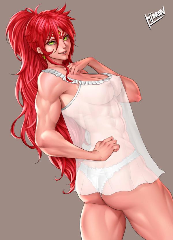 green_eyes hibren high_ponytail lingerie long_hair muscular muscular_female negligee ponytail pyrrha_nikos red_hair rwby sidelocks