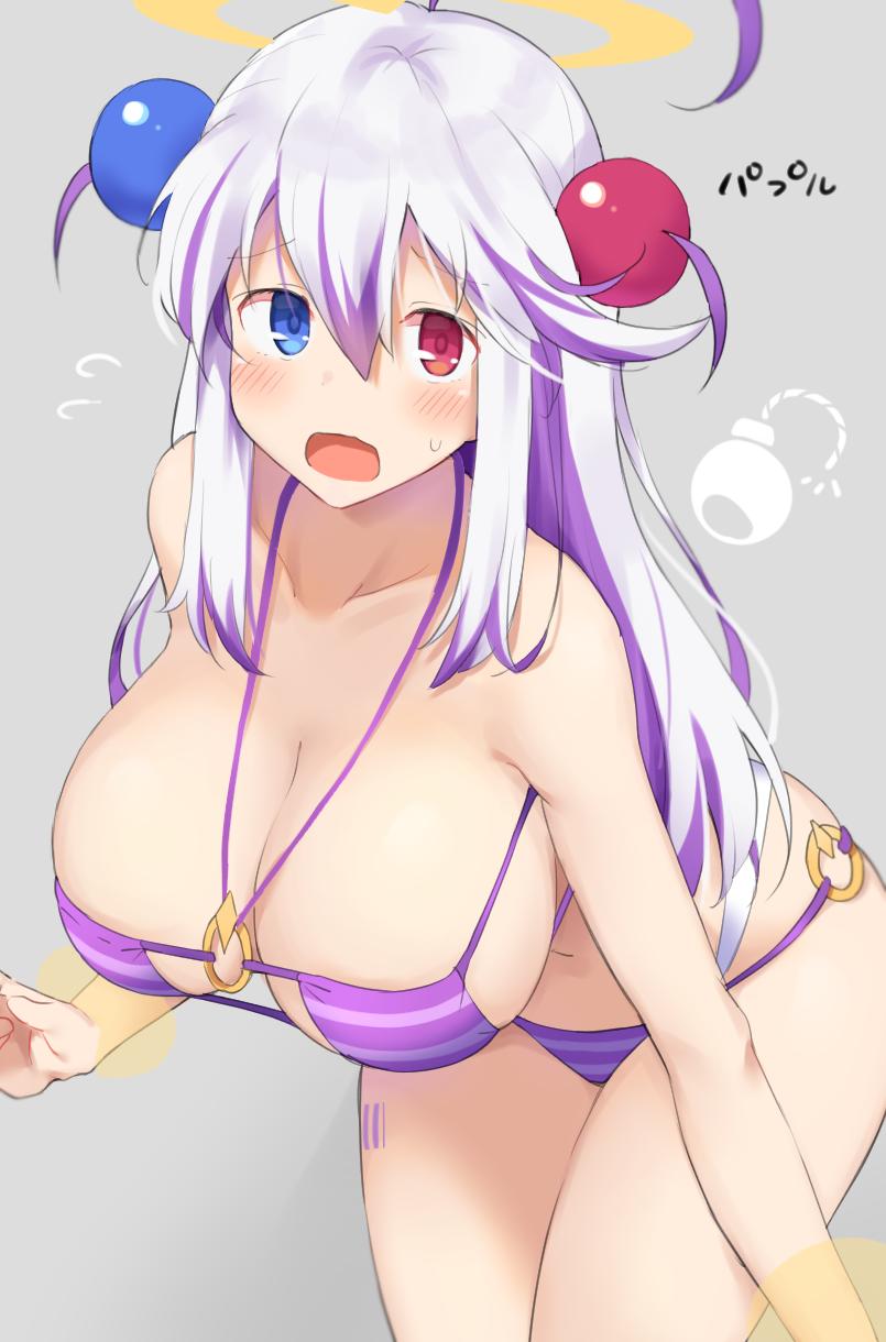 ahoge bangs bikini bikini_bottom bikini_top blue_eyes blush bombergirl breasts embarrassed eyebrows_visible_through_hair eyepatch_bikini female hair_between_eyes hair_ornament halo heterochromia highres large_breasts long_hair looking_at_viewer mukuba o-ring o-ring_bikini o-ring_bottom o-ring_top open_mouth papuru_(bombergirl) purple_bikini purple_bikini_bottom purple_bikini_top purple_hair red_eyes simple_background solo solo_focus striped striped_bikini striped_bikini_bottom striped_bikini_top swimsuit