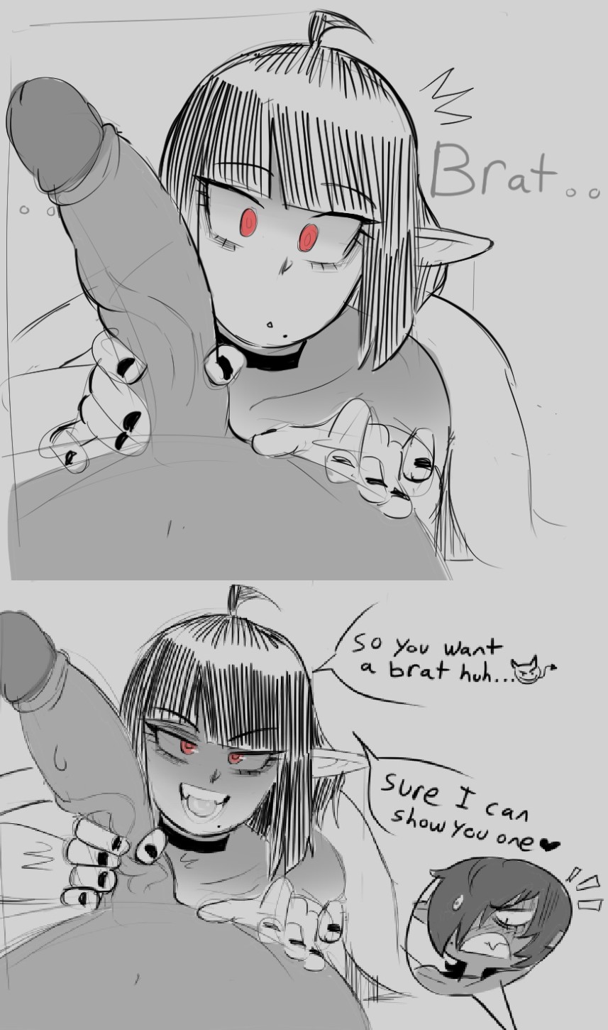 artist request, big penis, dark hair, dialogue, elf, elf ears, female, handjob, male, penis, penis grab, pointy ears, red eyes, stroking, stroking penis, tsundere
