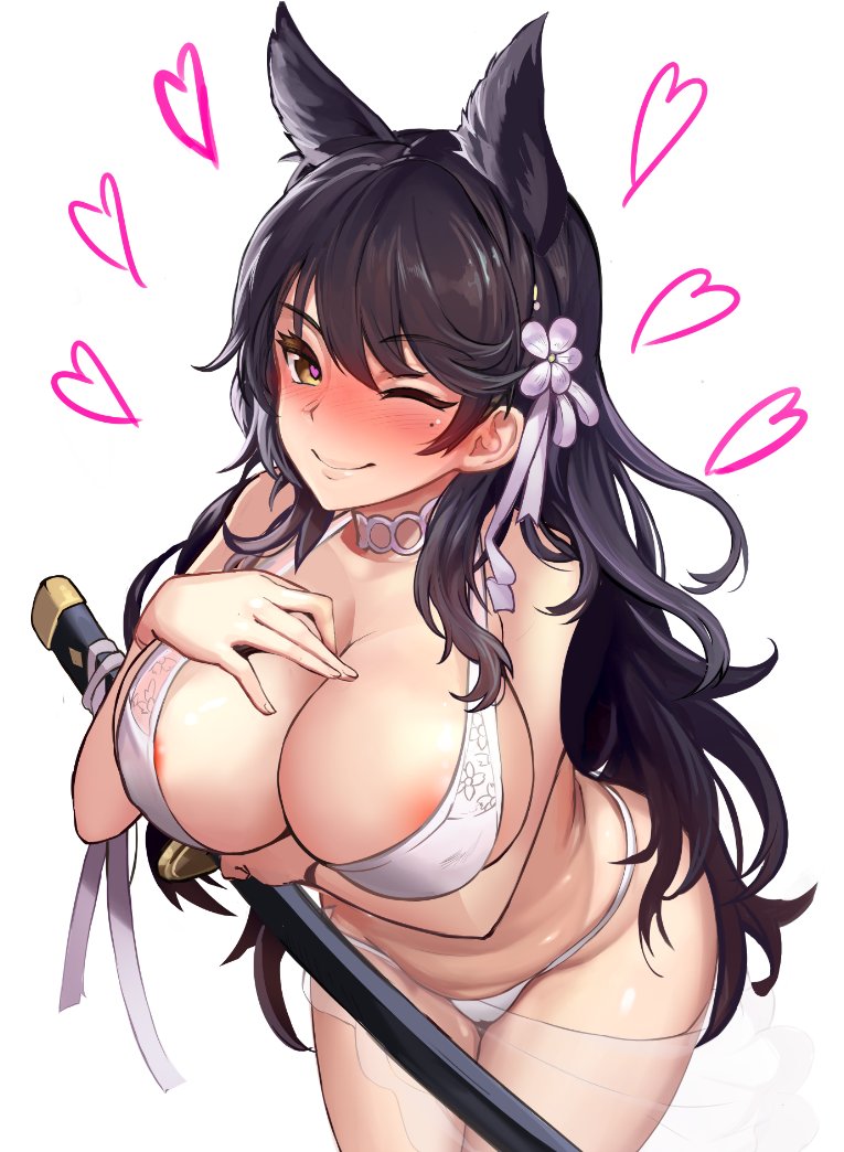 1girls, animal ears, arm under breasts, atago (azur lane), azur lane, big breasts, black hair, blush, breasts, cleavage, clothing, cum on face, dikko, dog ears, dog girl, female, female only, hand on breast, happy, leaning forward, long hair, looking at viewer, nipples, one eye closed, partially clothed, smile, solo, solo focus, standing, wink, yellow eyes