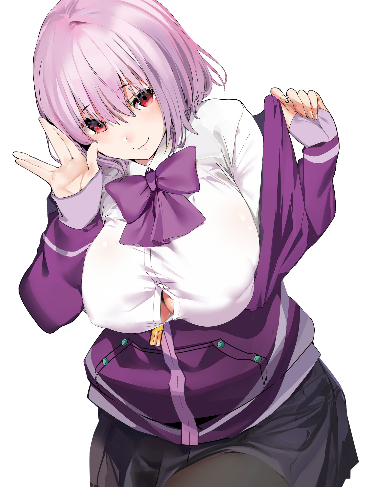 big breasts, breasts, female, female only, lavender hair, marushin (denwa0214), nipples, nipples visible through clothing, red eyes, shinjou akane, short hair, solo, solo female, solo focus, ssss.gridman