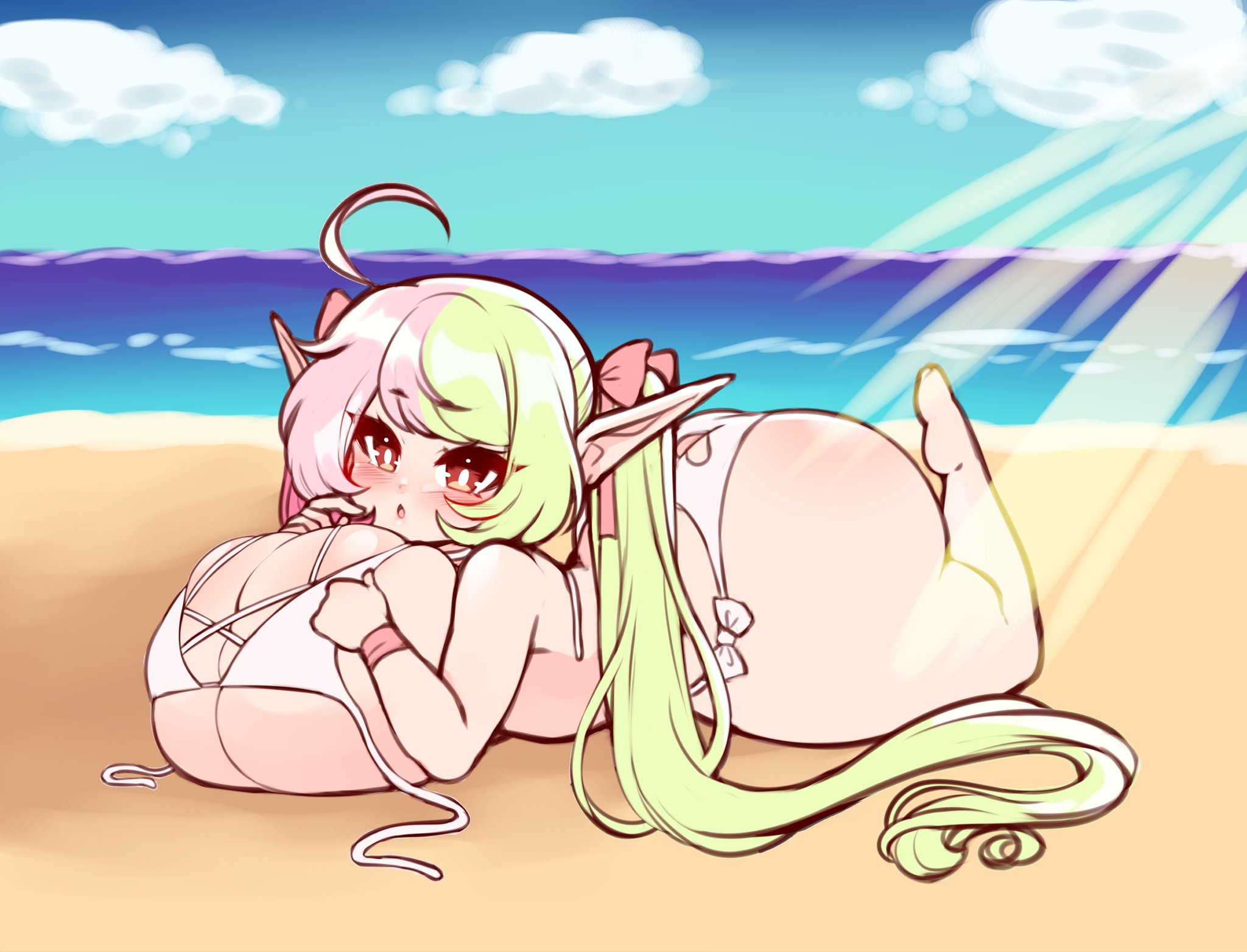 :o, 1girls, ass, ass cleavage, ass crack, beach, big ass, big breasts, bikini, blush, breasts, butt crack, cutout, female, female only, huge breasts, jojoniumart, large breasts, long hair, looking at viewer, lying, mochi (jojoniumart), on stomach, outdoors, pointy ears, red eyes, shortstack, solo, tied hair, two-tone hair, wardrobe malfunction, water, white bikini