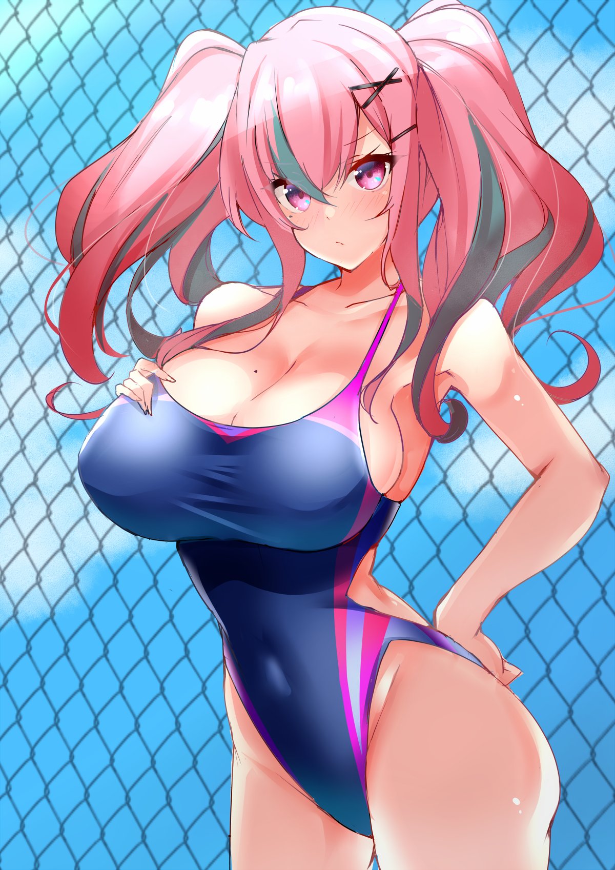 azur_lane big_breasts bremerton_(azur_lane) female female_only hand_on_breast huge_breasts long_hair looking_at_viewer pink_eyes pink_hair sankakusui_(deltawhite) solo solo_female solo_focus swimsuit thick_thighs twintails