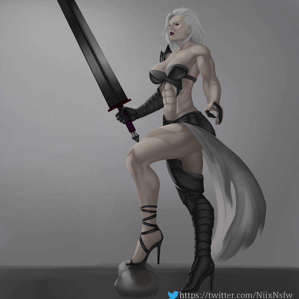 armor muscles niixnsfw red_eyes sword warrior white_hair