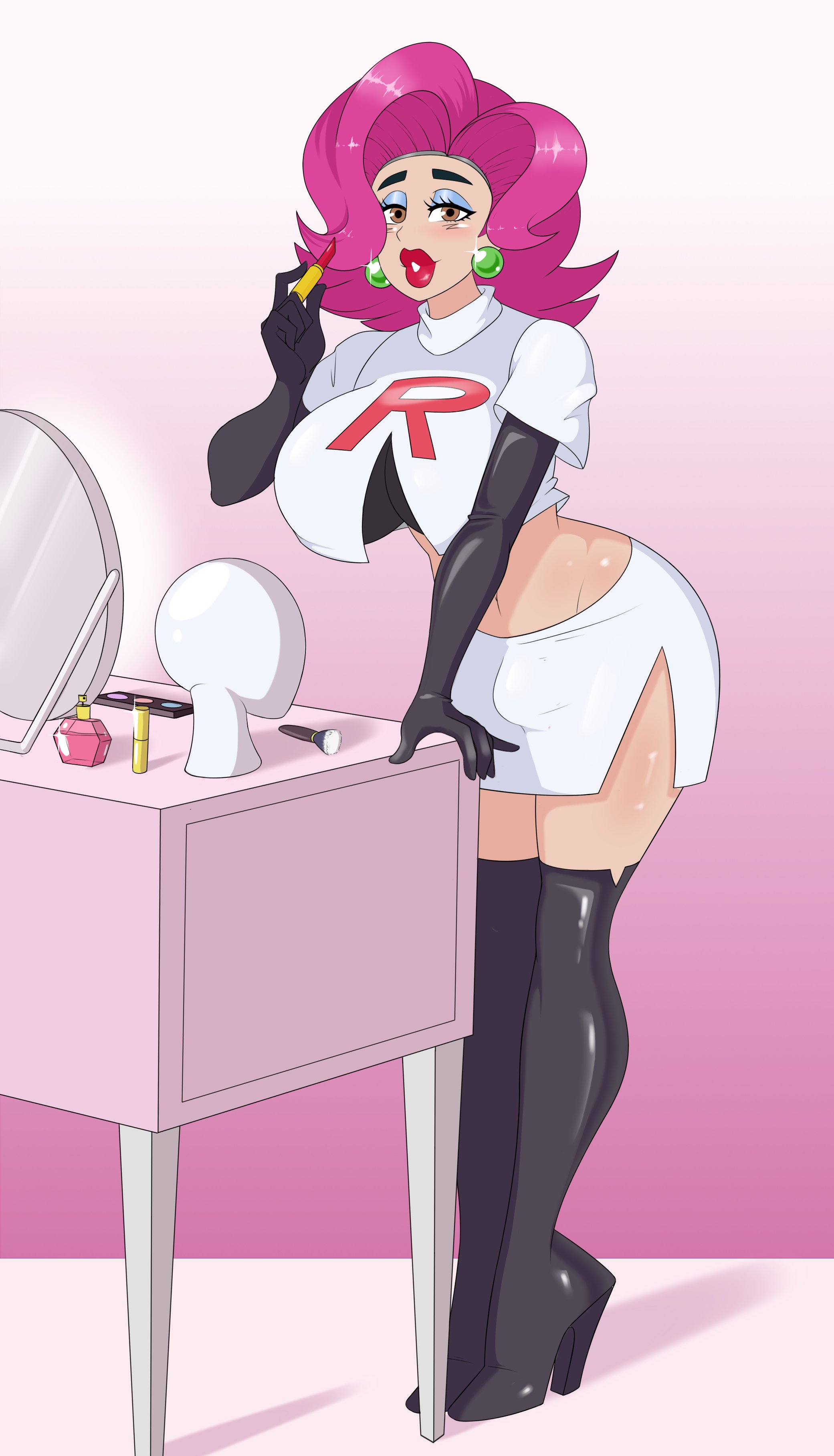 1boy, absurd res, absurdres, ash ketchum, bare midriff, big breasts, black boots, boots, breasts, bulge, crop top, crossdressing, elbow gloves, eyelashes, eyeshadow, fake breasts, gloves, half-closed eyes, hi res, high heel boots, high heels, high resolution, highres, human, jessie (pokemon), jessie (pokemon) (cosplay), lipstick, makeup, male, male with breasts, nintendo, pink hair, pokemon, pokemon rgby, red lipstick, satoshi (pokemon), sealguy, solo, team rocket, team rocket uniform, thigh boots, trap, wide hips, wig