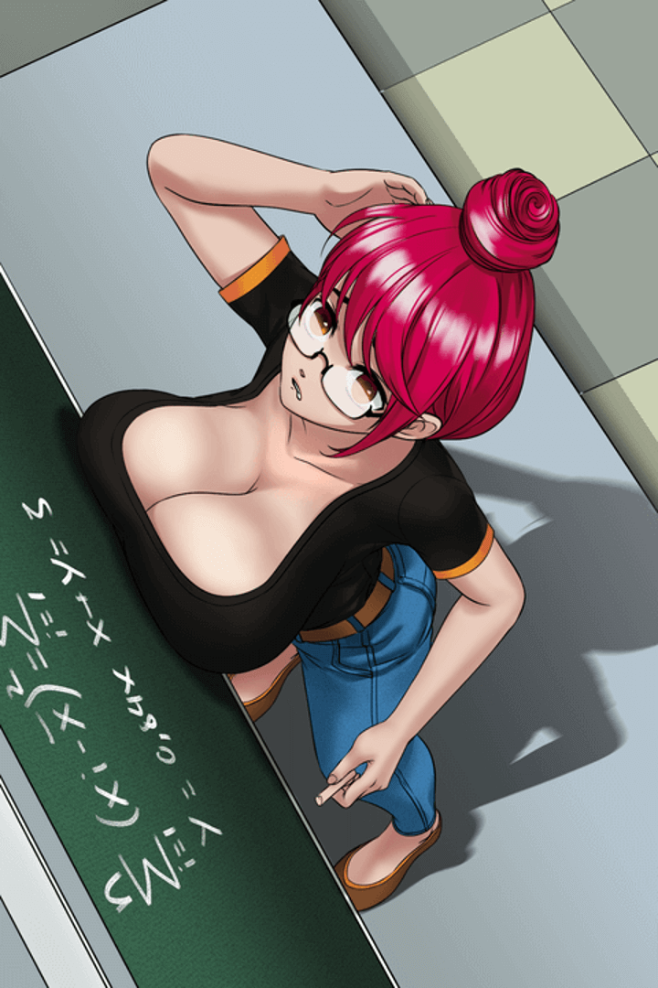 big_breasts blackboard breast_press brown_eyes chalk cleavage glasses hypnochanger jeans red_hair spiral_clicker teacher