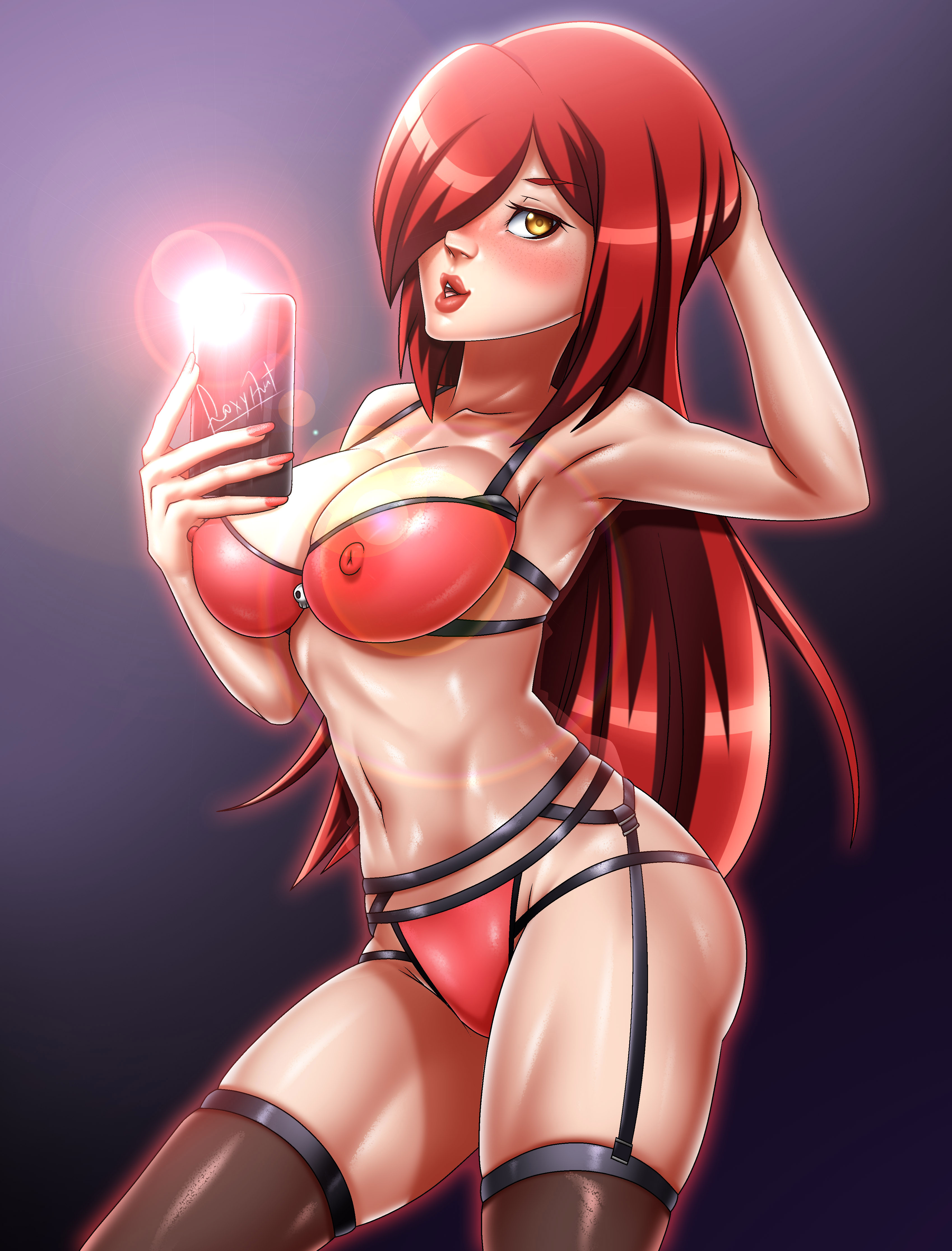 1girls, breasts, female, female only, foxyart, lingerie, long hair, looking at viewer, nipples, panties, parasoul, phone, red eyes, red hair, red lipstick, selfie, skullgirls, solo, standing, thighhighs, thighs, yellow eyes