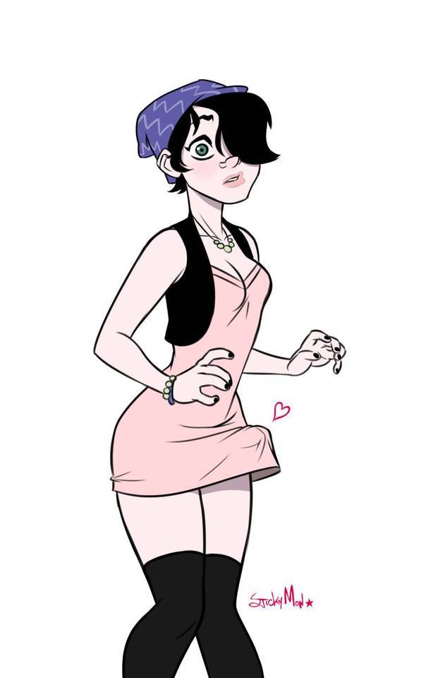 <3, 1futa, artist signature, black hair, black nails, bracelet, clothed, clothing, dress, erection, erection under clothes, fully clothed, futa only, futanari, hair over one eye, hat, human, intersex, knees together feet apart, light skin, light-skinned futa, necklace, pale skin, penis, penis under clothes, shocked, short hair, solo, stickymon, stockings, surprised, tagme, tenting, vest