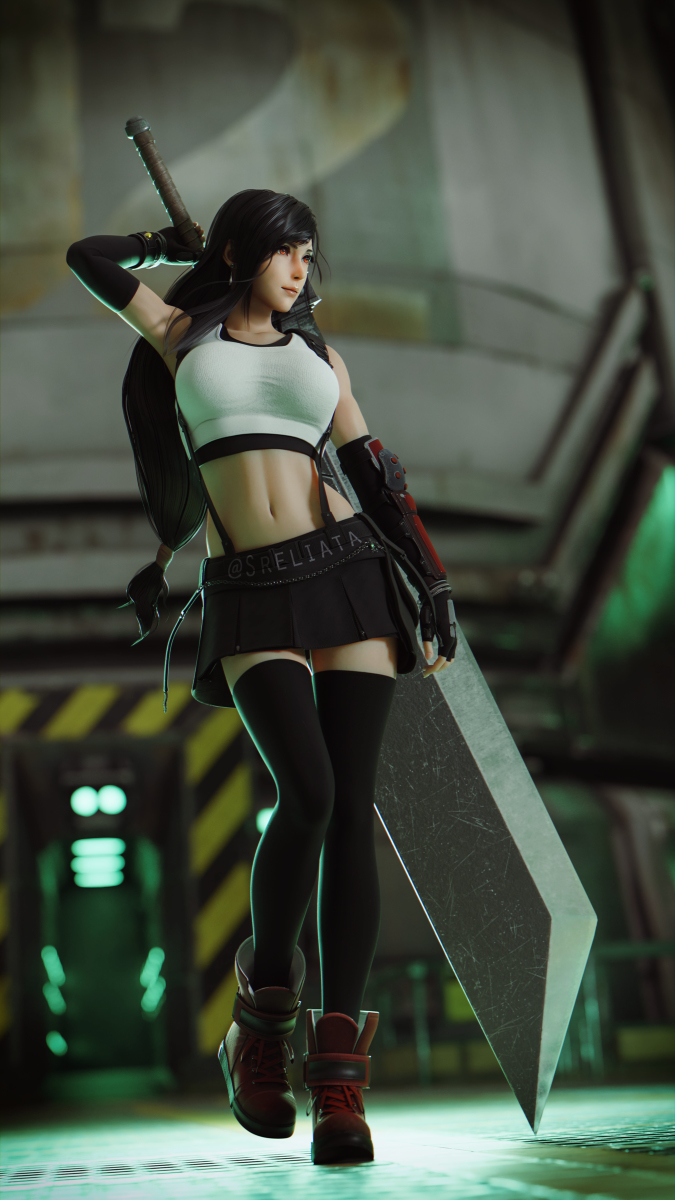 3d 3d_(artwork) bare_midriff big_breasts big_sword black_hair black_skirt boots breasts buster_sword final_fantasy final_fantasy_vii final_fantasy_vii_remake gloves huge_sword large_breasts long_hair pinup pose red_eyes short_skirt solo solo_female sreliata_(artist) stomach suspenders sword tank_top thighhighs tifa_lockhart tight_clothing white_shirt wide_hips