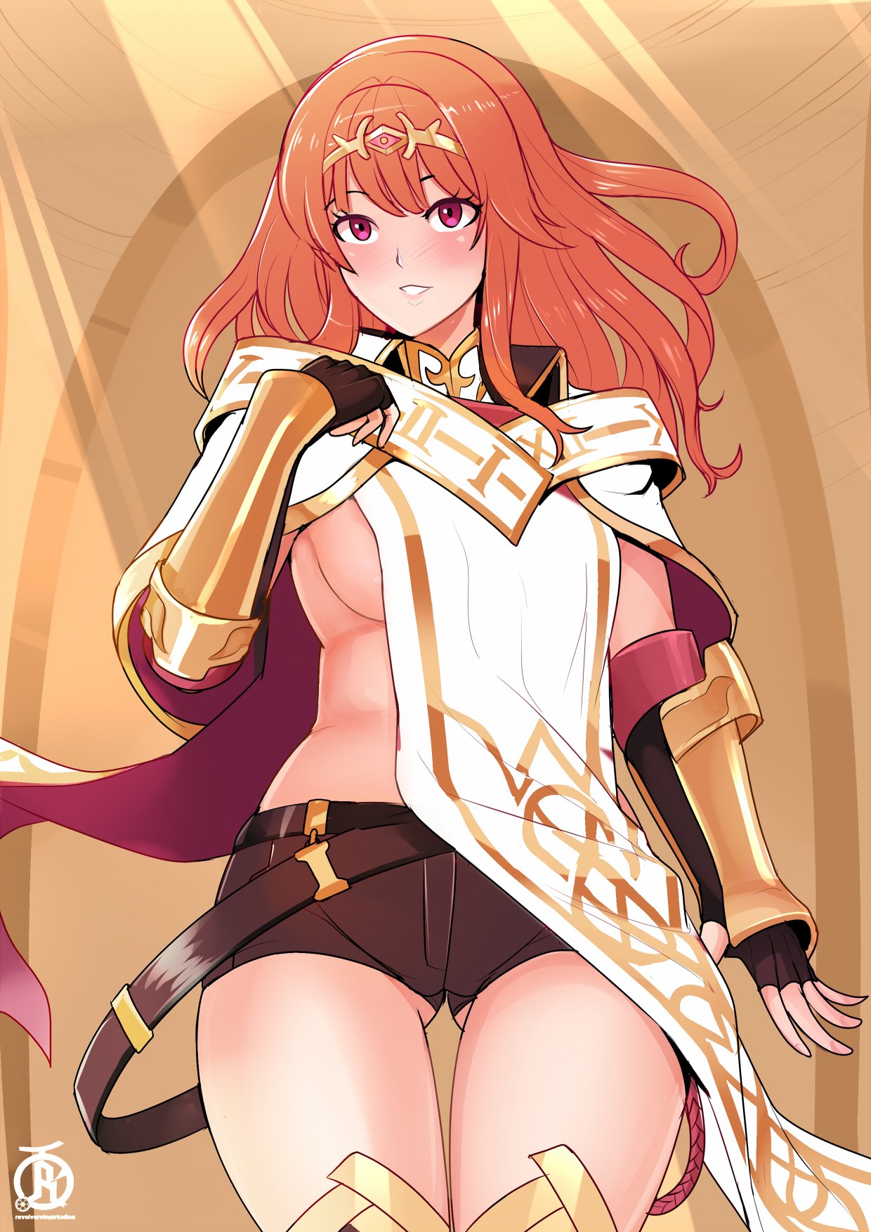 1girls anthiese_lima ass_visible_through_thighs black_shorts blush celica_(fire_emblem) color female female_only fire_emblem fire_emblem_awakening fire_emblem_echoes:_shadows_of_valentia fire_emblem_gaiden red_eyes red_hair revolverwingstudios shirtless short_shorts shorts sideboob skimpy skimpy_clothes smile solo tight_shorts