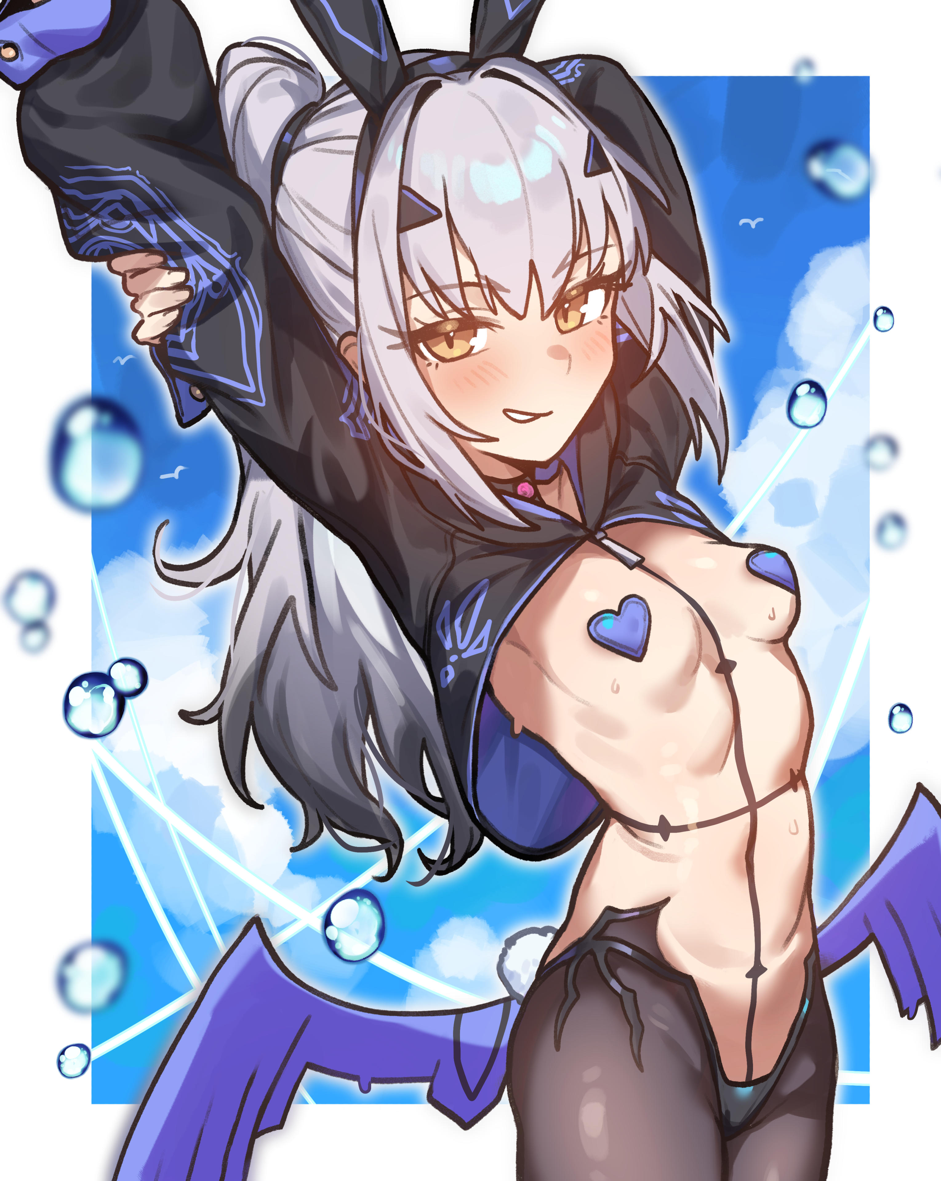 absurdres, adapted costume, animal ears, arms up, black shrug, blush, breasts, brown pantyhose, dragon wings, fake animal ears, fate (series), fate/grand order, female, forked eyebrows, grin, heart pasties, high ponytail, highres, long hair, long sleeves, looking at viewer, melusine (fate), melusine (swimsuit ruler) (fate), melusine (swimsuit ruler) (first ascension) (fate), navel, pantyhose, pasties, ponytail, rabbit ears, rabbit tail, radishkek, revealing clothes, reverse bunnysuit, reverse outfit, shrug (clothing), sidelocks, small breasts, smile, solo, tail, thighs, white hair, wings, yellow eyes