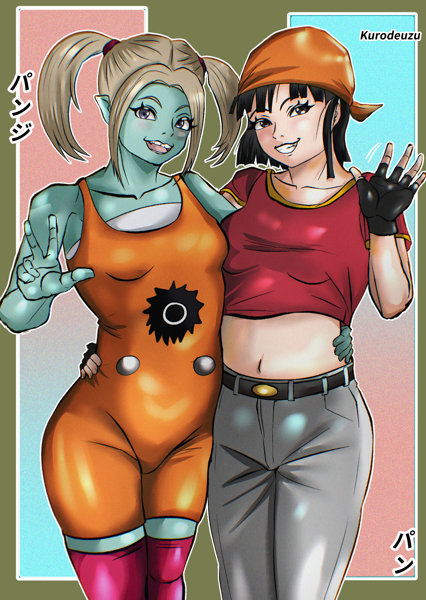 2girls, alien, alien girl, bandana, black hair, blue body, blue skin, breasts, dragon ball, dragon ball daima, dragon ball gt, english text, female, female only, kurodeuzu, multiple females, multiple girls, orange bandana, orange bandanna, pan (dragon ball), panzy (dragon ball daima), self upload, small breasts, twintails, white hair