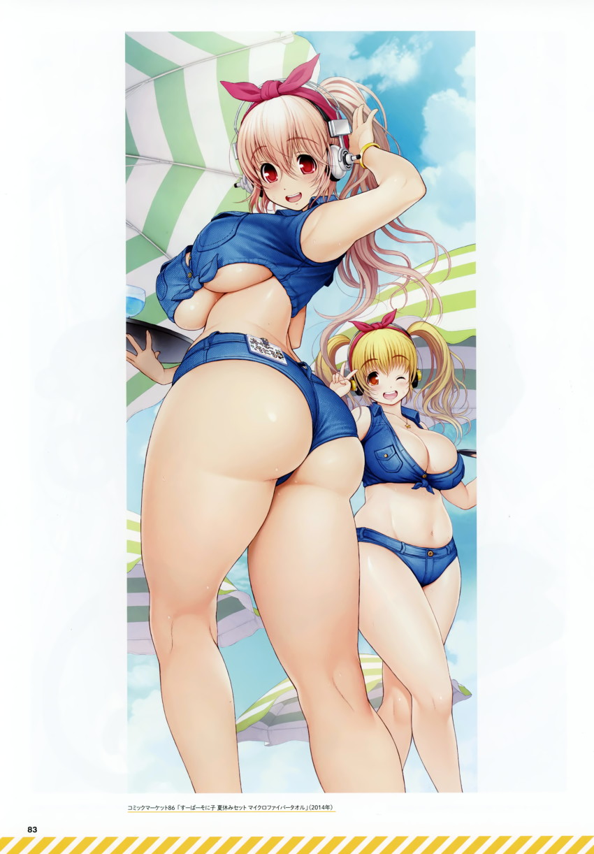 2girls, absurdres, ass, belly, blonde hair, blue sky, blush, breasts, cleavage, cloud, crop top, day, denim, female, from behind, front-tie top, hair ribbon, headphones, highres, huge breasts, long hair, looking at viewer, looking back, midriff, multiple females, multiple girls, navel, nitroplus, official art, one eye closed, open mouth, orange eyes, outdoors, pink eyes, pink hair, red eyes, red ribbon, ribbon, scan, shiny skin, short shorts, shorts, skindentation, sky, smile, standing, super pochaco, super sonico, teeth, tsuji santa, twintails, twisted torso, umbrella, underboob, voluptuous female