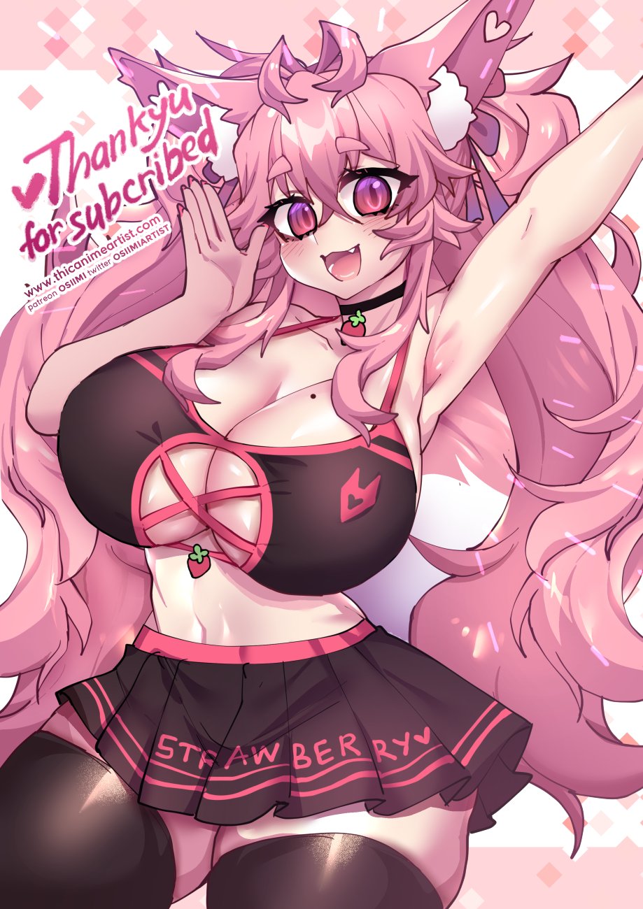 armpits arms_up black_bikini boob_window choker cleavage_cutout curvy fox_ears fox_girl fox_tail halter_bikini happy huge_breasts kireina_pinky_fox looking_at_viewer miniskirt mole_on_breast oerba_yun_fang osiimi pink_eyes pink_fur pink_hair pinky_fox_(osiimi) pleated_skirt skirt tank_top thick_thighs thighhighs virtual_youtuber wide_hips