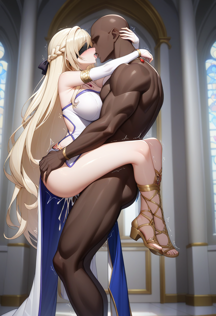 1girls ai_generated arlequinn black_blindfold blindfold blonde_hair blush clothed cum_in_pussy dark-skinned_male dress female goblin_slayer hug kissing large_breasts leg_lock lifting_person light-skinned_female nun open_mouth sex steam sweat sword_maiden_(goblin_slayer) trembling very_long_hair