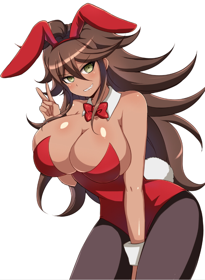 afuro breasts brown_hair brown_skin bunnysuit cleavage danganronpa danganronpa_2 danganronpa_2:_goodbye_despair female huge_breasts looking_at_viewer owari_akane smile solo straight_hair teeth