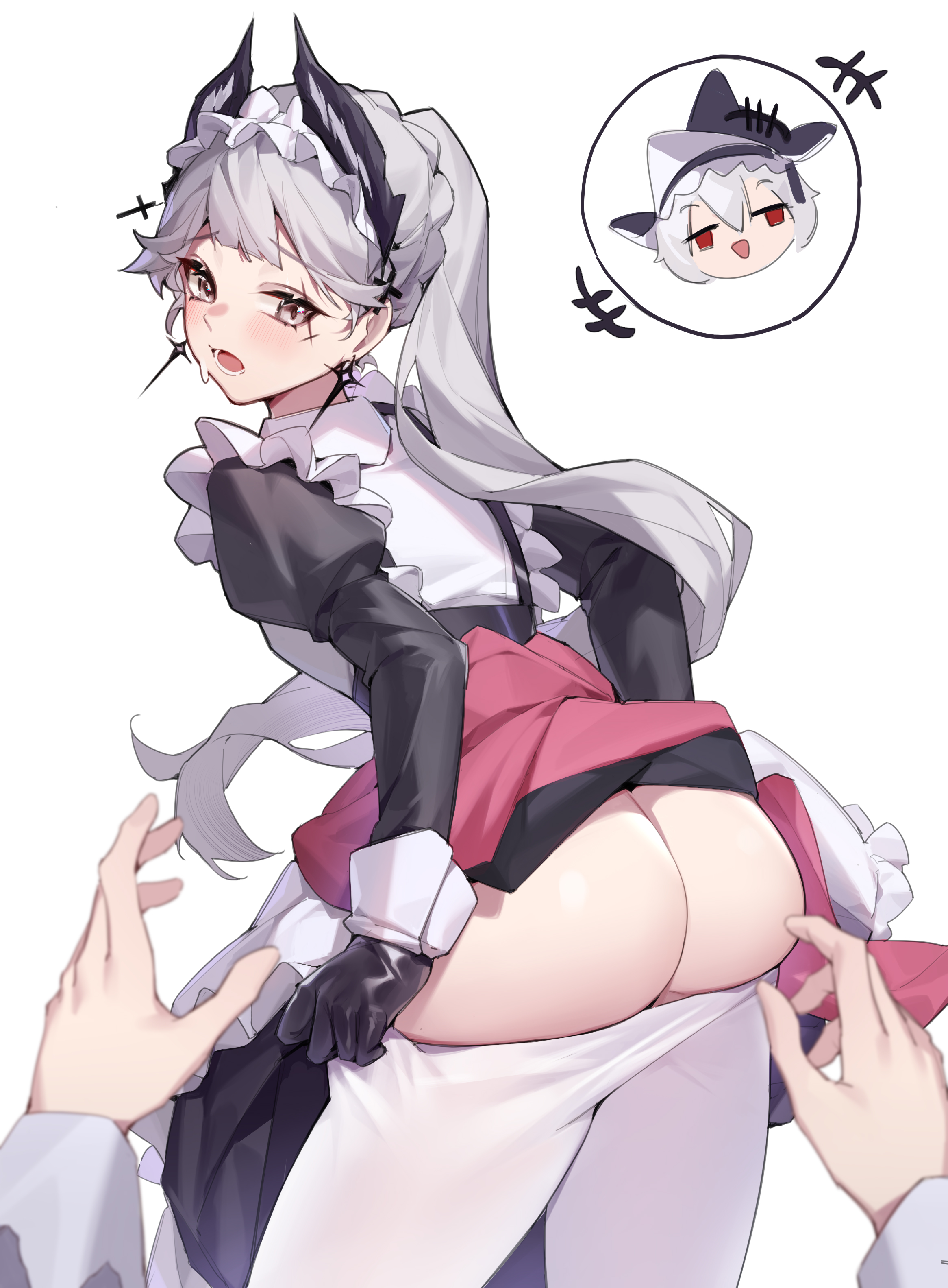 2girls, absurdres, arknights, ass, black dress, black gloves, blush, brown eyes, chibi, chibi inset, chinese commentary, clothes lift, commentary request, cowboy shot, darling0221, dress, dress lift, dressing, earrings, female, female pov, from behind, gloves, head wings, highres, irene (arknights), irene (voyage of feathers) (arknights), jewelry, juliet sleeves, leaning forward, long hair, long sleeves, looking at hands, looking at viewer, looking back, looking down, maid, maid headdress, multiple females, multiple girls, no panties, official alternate costume, open mouth, pantyhose, ponytail, pov, puffy sleeves, scar, scar across eye, scar on face, simple background, solo focus, specter (arknights), specter the unchained (arknights), spoken character, sweatdrop, white background, white pantyhose, wings, yuri